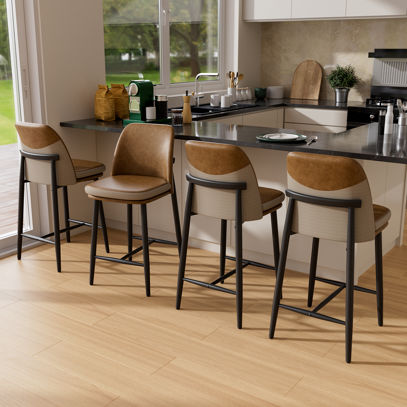 Genpo Bar Stools Set of 4, Upholstered Counter Height Bar Stools, Counter Stools 26 Inch Barstools with Back, Metal Legs and Textured Leather&Fabric for Kitchen Island Dining Room, Brown