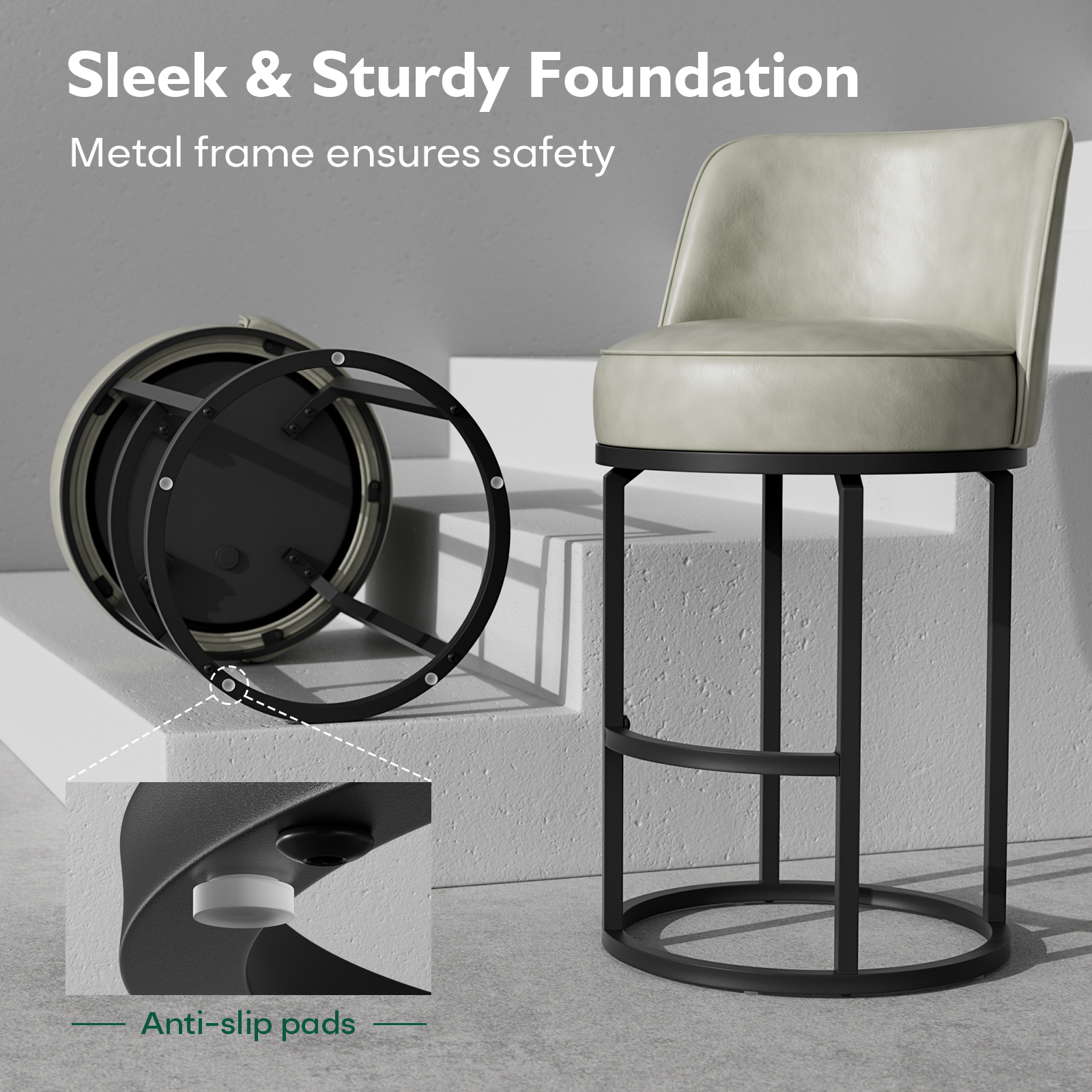 Genpo Bar Stools Set of 6, 26 inch Counter Height Bar Stools, Swivel Gray Leather Barstools with Backs, Round Base, Footrest, Metal Legs for Kitchen Island - Image 7