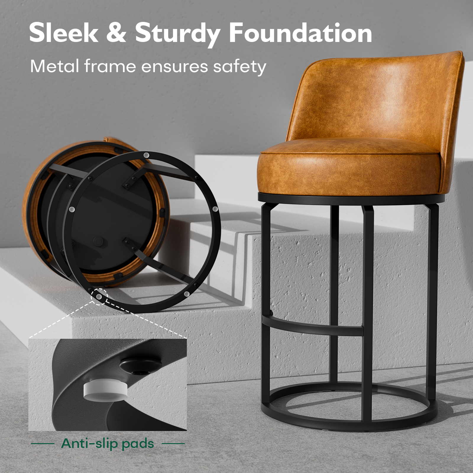 Genpo Bar Stools Set of 2, 26 inch Counter Height Bar Stools, Swivel Brown Leather Barstools with Backs, Round Base, Footrest, Metal Legs for Kitchen Island - Image 8