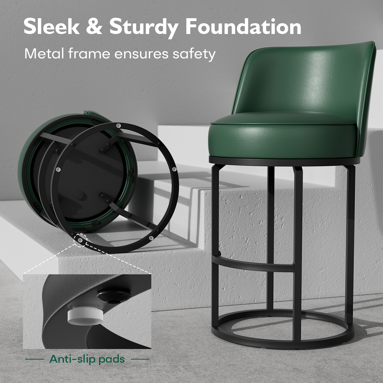 Genpo Bar Stools Set of 2, 26 inch Counter Height Bar Stools, Swivel Green Leather Barstools with Backs, Round Base, Footrest, Metal Legs for Kitchen Island - Image 7