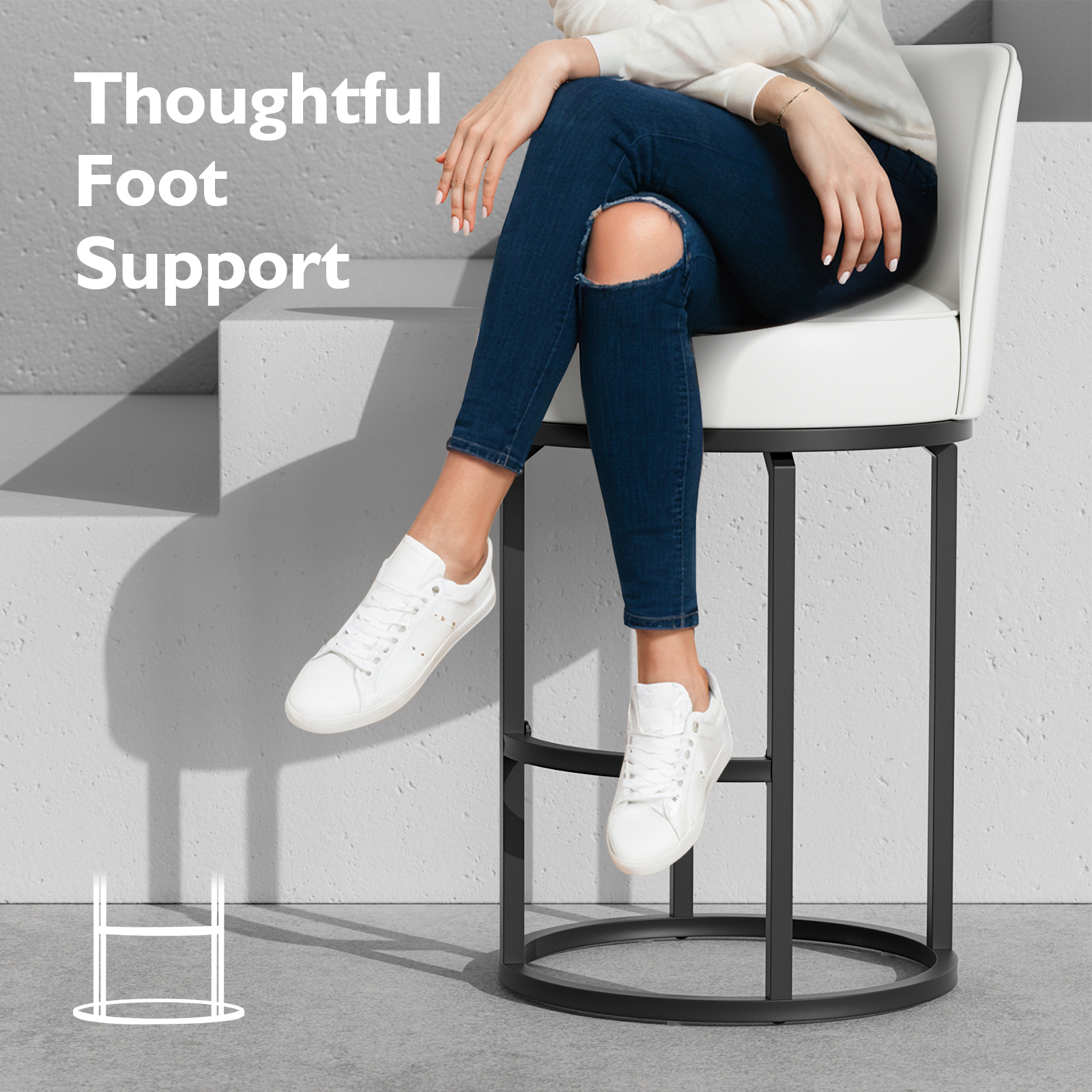 Genpo Bar Stools Set of 6, 26 inch Counter Height Bar Stools, Swivel White Leather Barstools with Backs, Round Base, Footrest, Metal Legs for Kitchen Island - Image 5