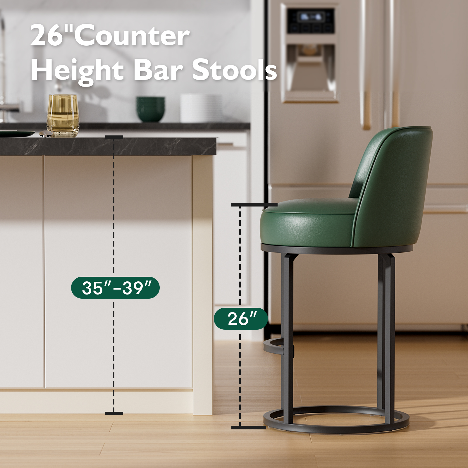 Genpo Bar Stools Set of 2, 26 inch Counter Height Bar Stools, Swivel Green Leather Barstools with Backs, Round Base, Footrest, Metal Legs for Kitchen Island - Image 3