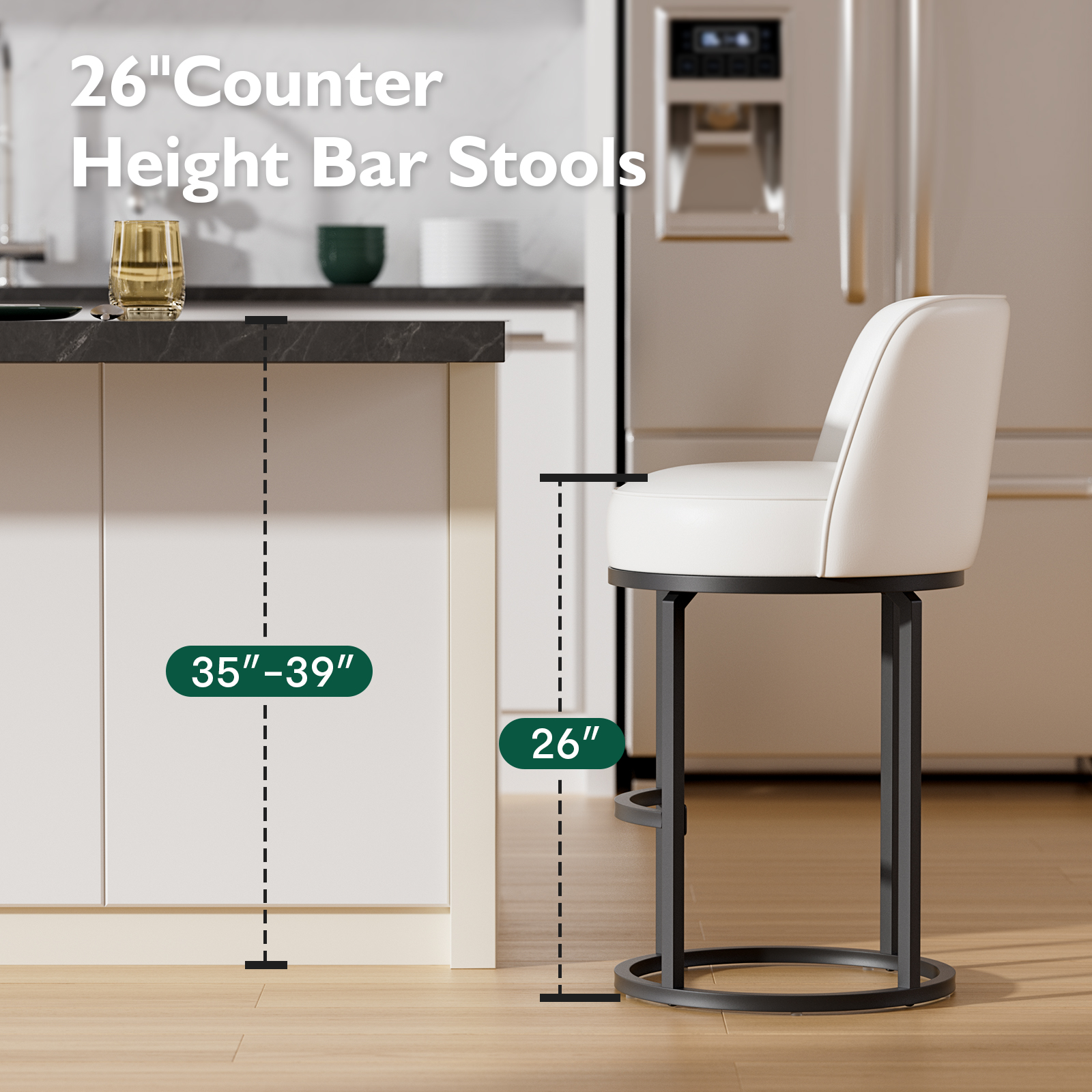Genpo Bar Stools Set of 6, 26 inch Counter Height Bar Stools, Swivel White Leather Barstools with Backs, Round Base, Footrest, Metal Legs for Kitchen Island - Image 8