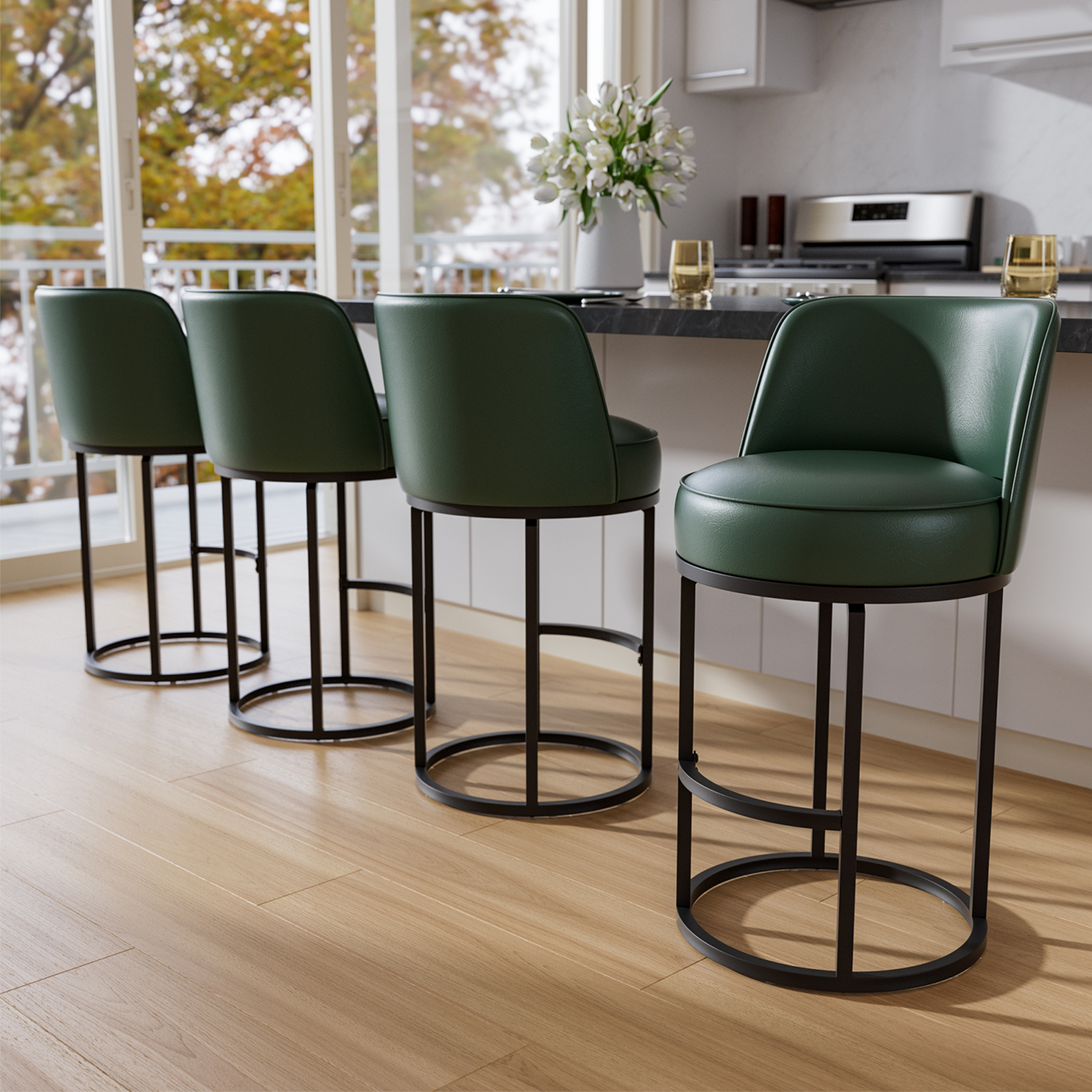 Genpo Bar Stools Set of 4, 26 inch Counter Height Bar Stools, Swivel Green Leather Barstools with Backs, Round Base, Footrest, Metal Legs for Kitchen Island