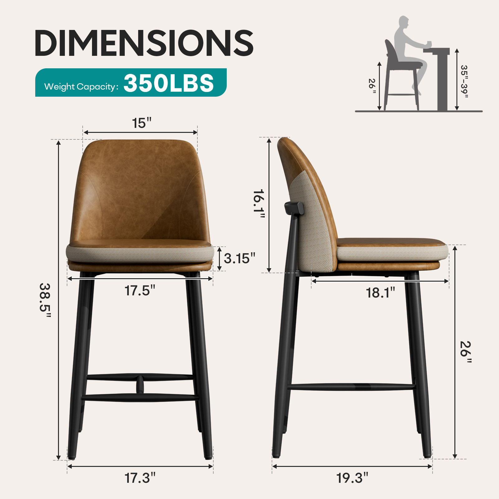 Genpo Bar Stools Set of 2, Upholstered Counter Height Bar Stools, Counter Stools 26 Inch Barstools with Back, Metal Legs and Textured Leather&Fabric for Kitchen Island Dining Room, Brown - Image 2