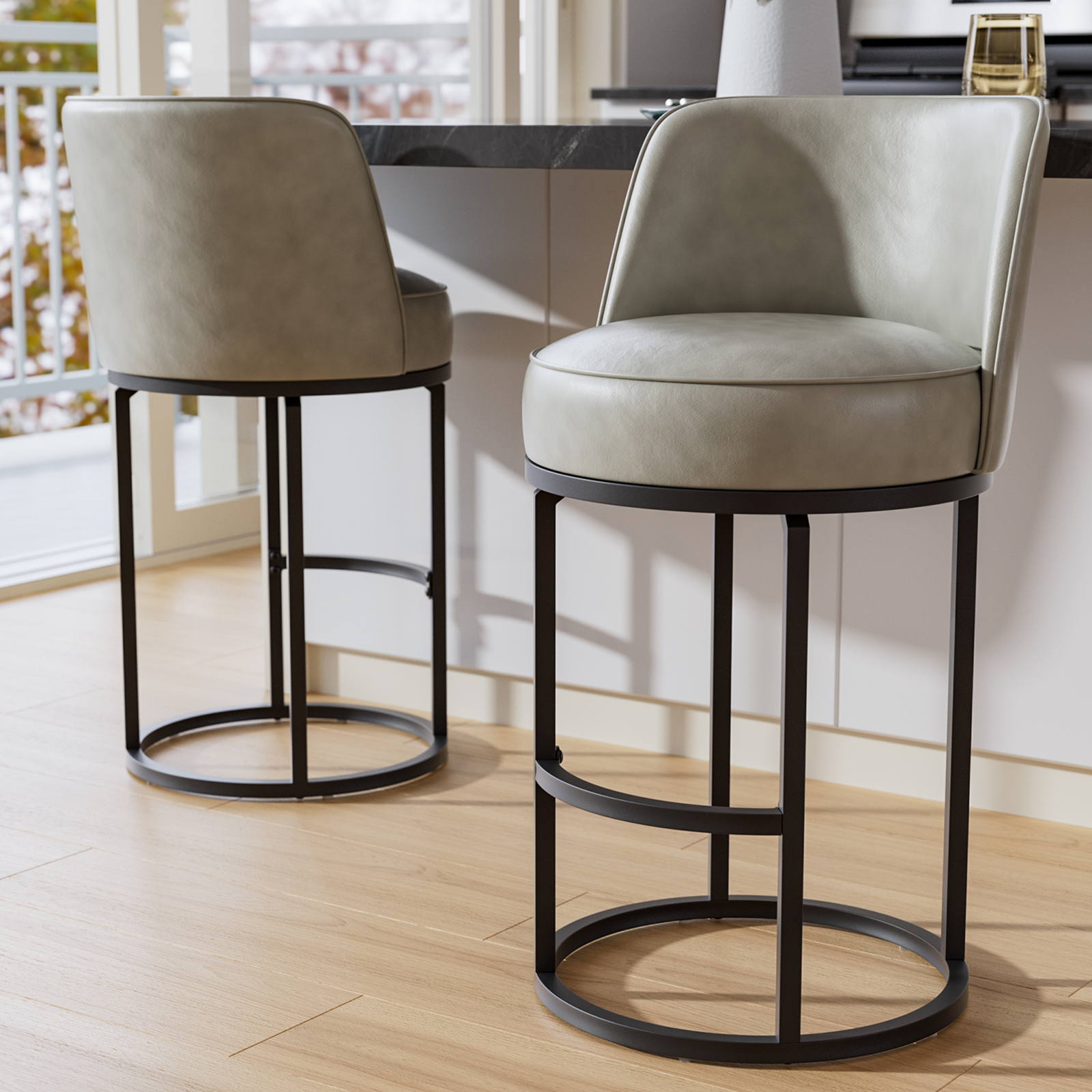 Genpo Bar Stools Set of 2, 26 inch Counter Height Bar Stools, Swivel Gray Leather Barstools with Backs, Round Base, Footrest, Metal Legs for Kitchen Island