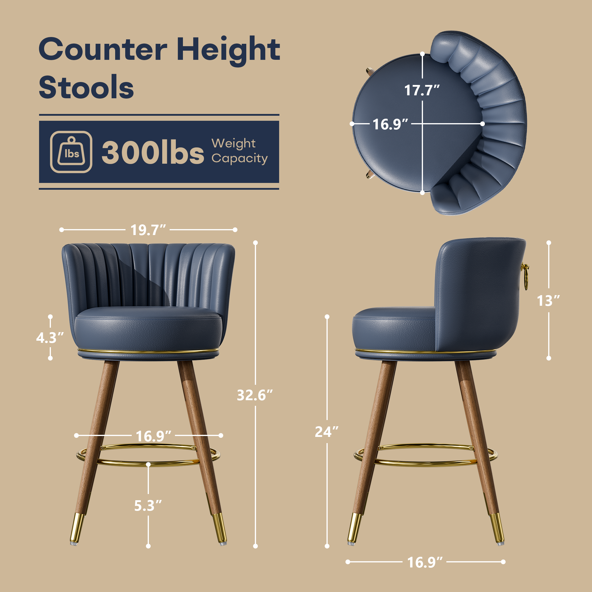 Genpo Swivel Counter Height Bar Stools Set of 2, 24 inch Blue Leather Kitchen Swivel Counter Stools with Backs, Wood Legs and Footrest, Bar Chairs for Kitchen Island - Image 2
