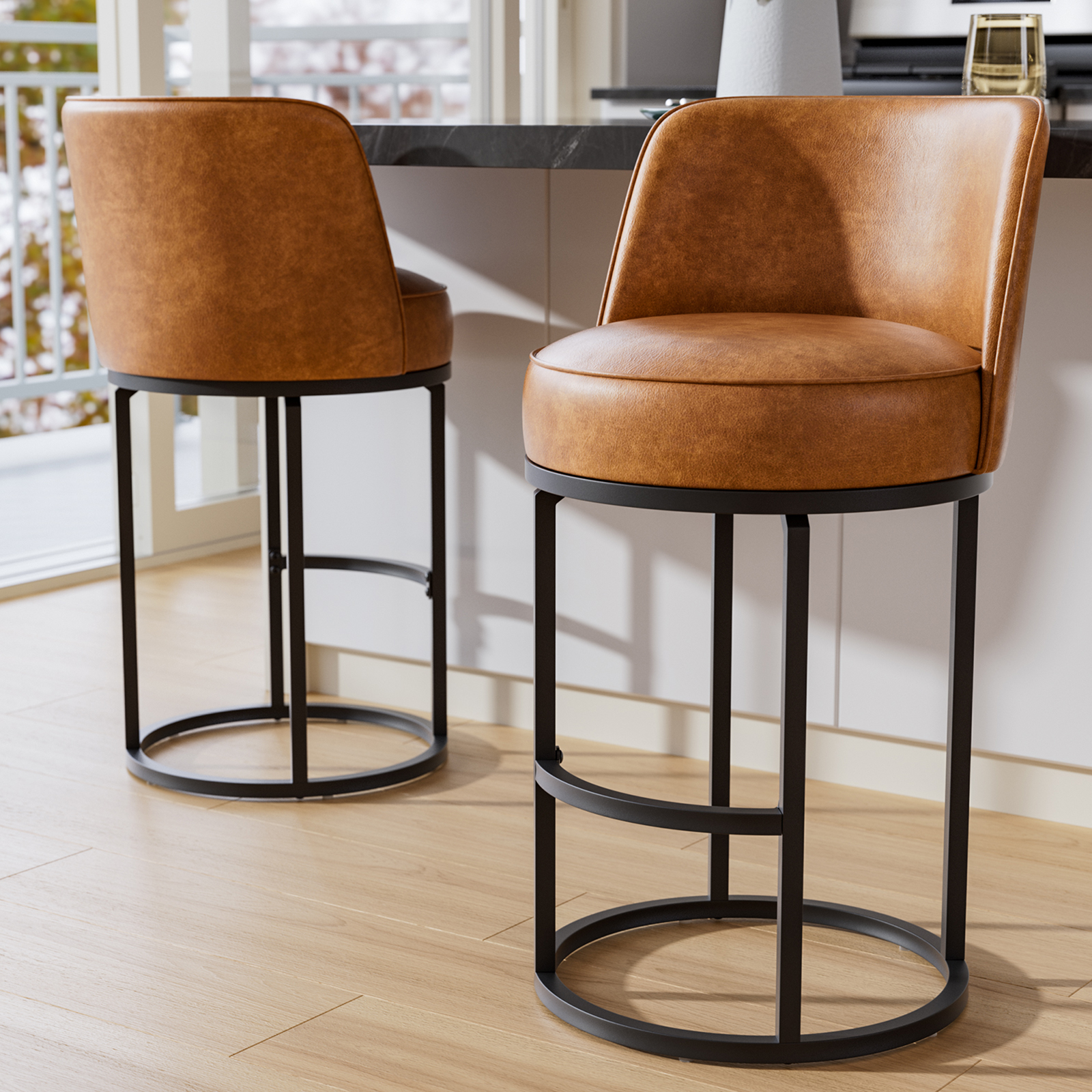 Genpo Bar Stools Set of 2, 26 inch Counter Height Bar Stools, Swivel Brown Leather Barstools with Backs, Round Base, Footrest, Metal Legs for Kitchen Island