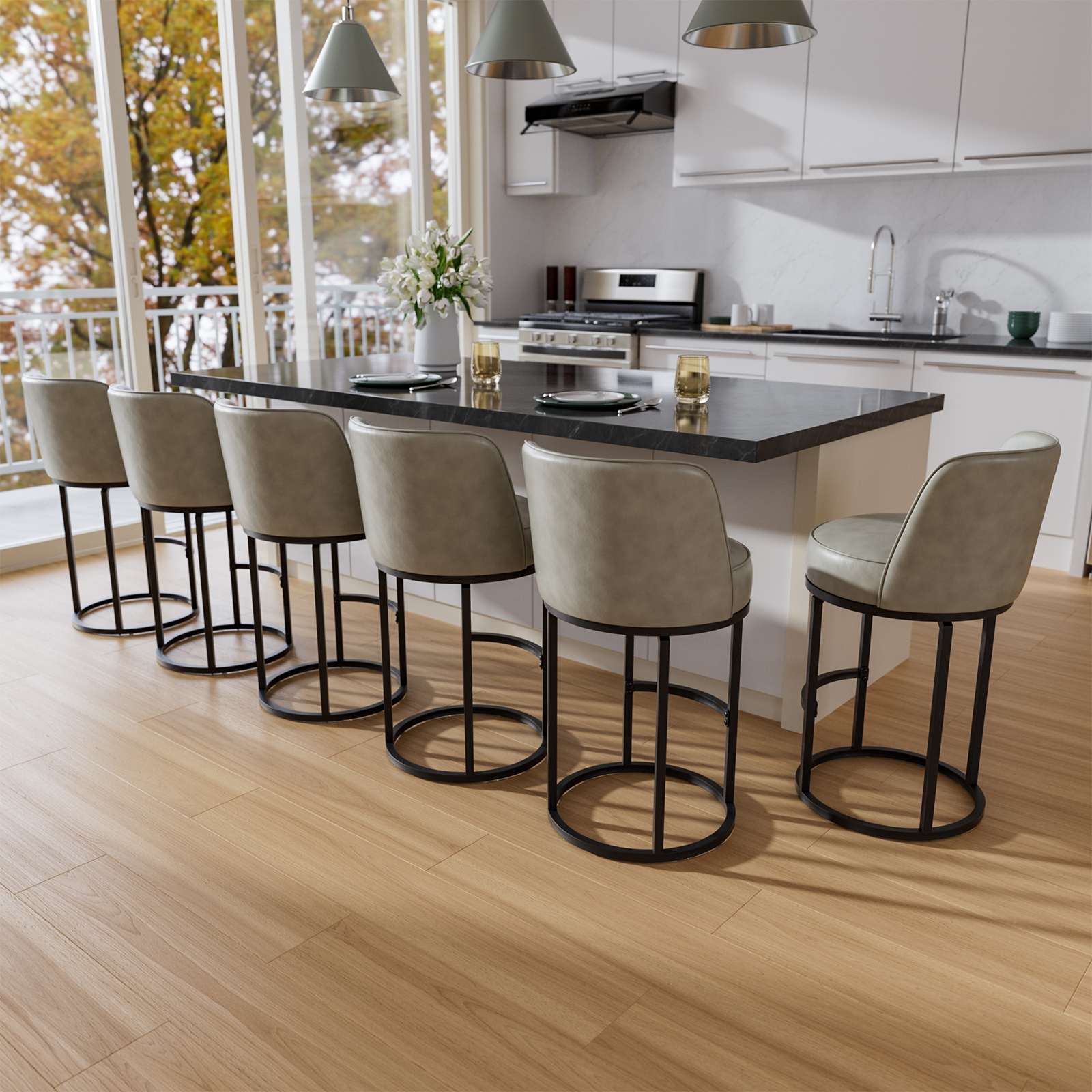 Genpo Bar Stools Set of 6, 26 inch Counter Height Bar Stools, Swivel Gray Leather Barstools with Backs, Round Base, Footrest, Metal Legs for Kitchen Island