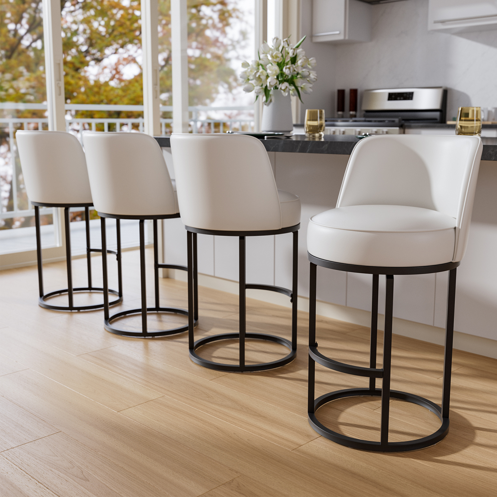 Genpo Bar Stools Set of 4, 26 inch Counter Height Bar Stools, Swivel White Leather Barstools with Backs, Round Base, Footrest, Metal Legs for Kitchen Island