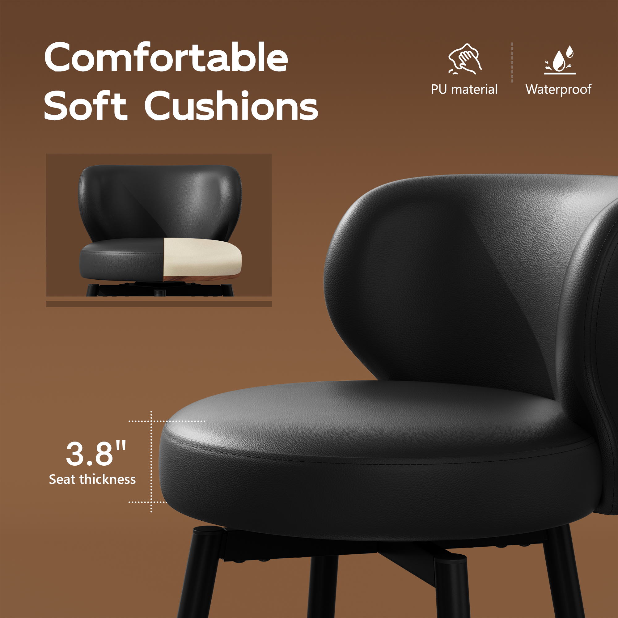 Genpo Bar Stools Set of 2, 26 Inch Barstools with Sturdy Legs, Black Leather Farmhouse Swivel Counter Height Bar Stool for Kitchen, Dining, Bar - Image 7