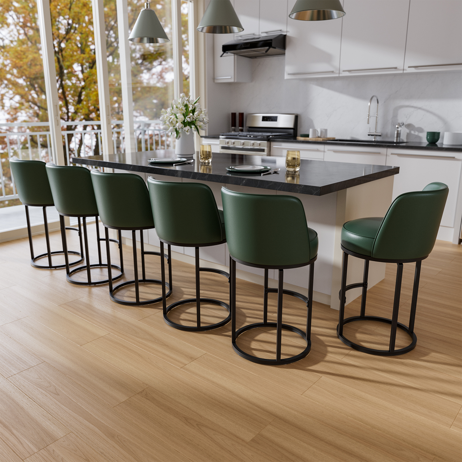 Genpo Bar Stools Set of 6, 26 inch Counter Height Bar Stools, Swivel Green Leather Barstools with Backs, Round Base, Footrest, Metal Legs for Kitchen Island
