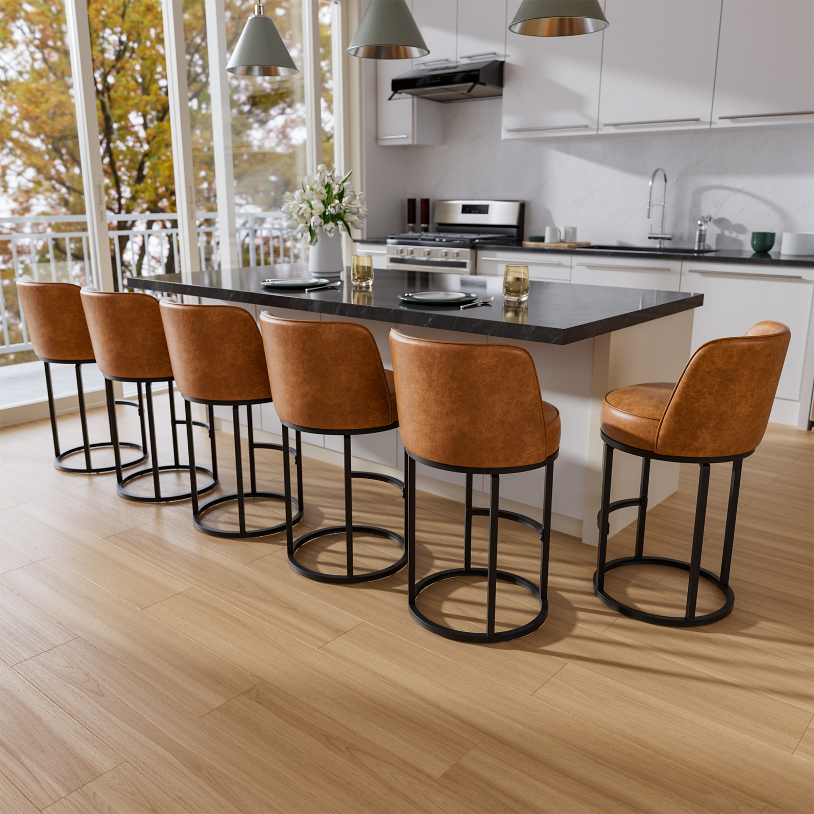 Genpo Bar Stools Set of 6, 26 inch Counter Height Bar Stools, Swivel Brown Leather Barstools with Backs, Round Base, Footrest, Metal Legs for Kitchen Island