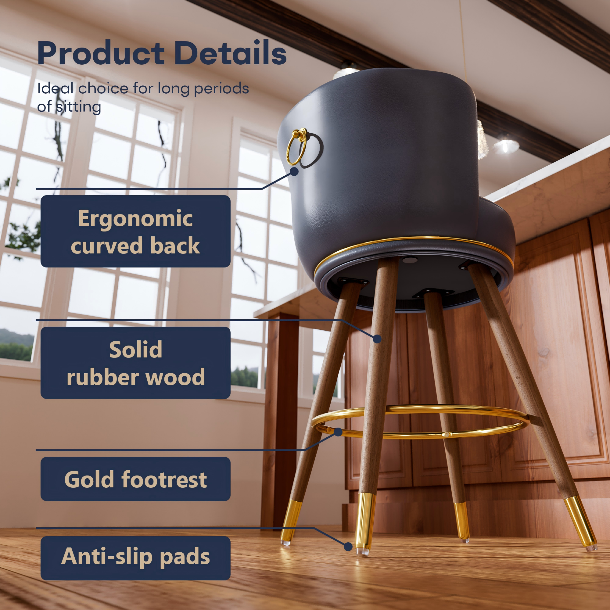 Genpo Swivel Counter Height Bar Stools Set of 2, 24 inch Blue Leather Kitchen Swivel Counter Stools with Backs, Wood Legs and Footrest, Bar Chairs for Kitchen Island - Image 4