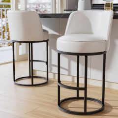 Genpo Bar Stools Set of 2, 26 inch Counter Height Bar Stools, Swivel White Leather Barstools with Backs, Round Base, Footrest, Metal Legs for Kitchen Island