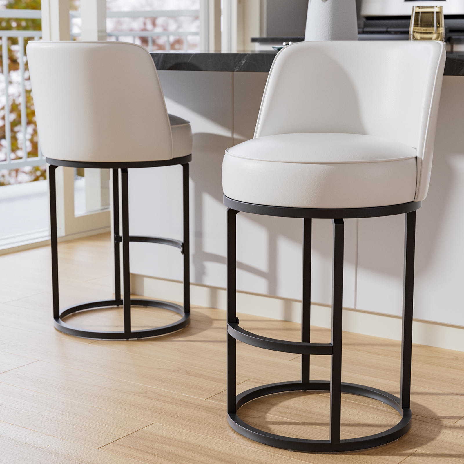 Genpo Bar Stools Set of 2, 26 inch Counter Height Bar Stools, Swivel White Leather Barstools with Backs, Round Base, Footrest, Metal Legs for Kitchen Island