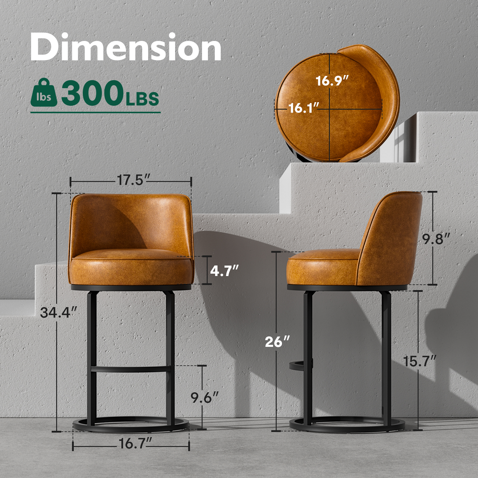 Genpo Bar Stools Set of 2, 26 inch Counter Height Bar Stools, Swivel Brown Leather Barstools with Backs, Round Base, Footrest, Metal Legs for Kitchen Island - Image 2