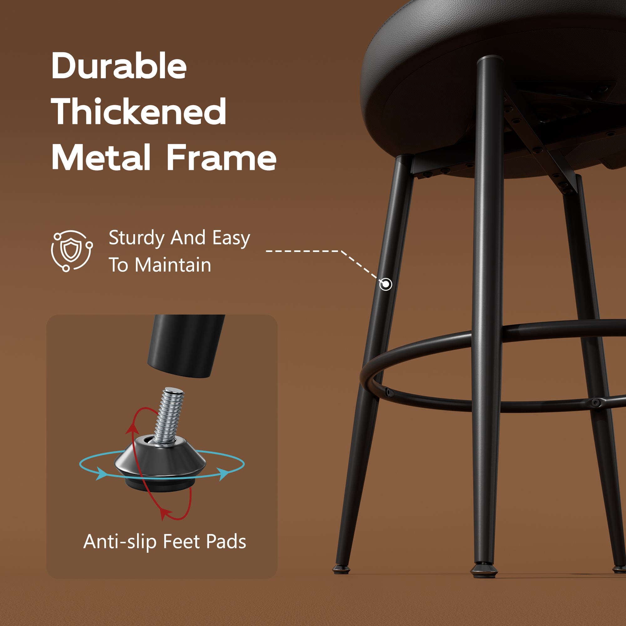Genpo Bar Stools Set of 2, 26 Inch Barstools with Sturdy Legs, Black Leather Farmhouse Swivel Counter Height Bar Stool for Kitchen, Dining, Bar - Image 5