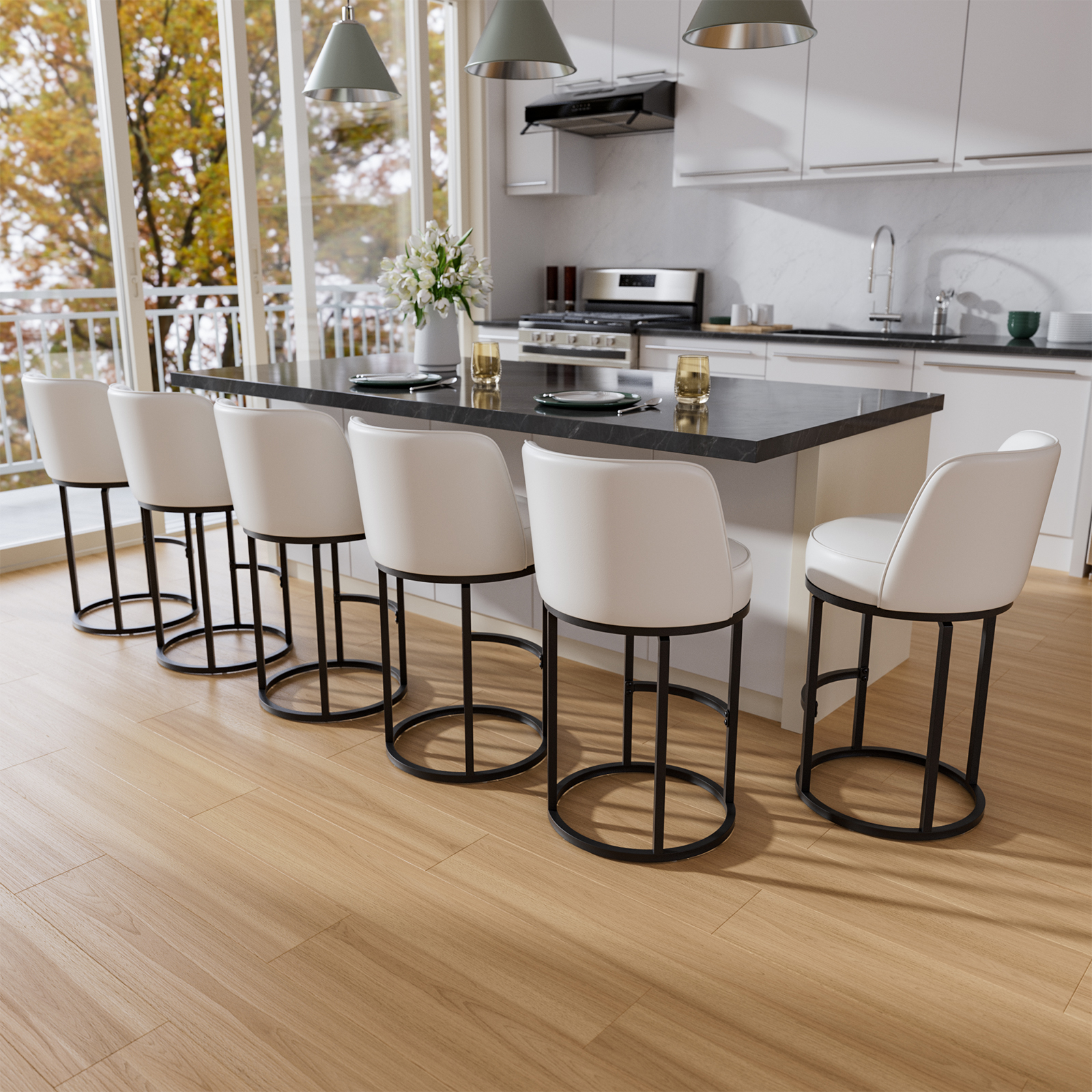 Genpo Bar Stools Set of 6, 26 inch Counter Height Bar Stools, Swivel White Leather Barstools with Backs, Round Base, Footrest, Metal Legs for Kitchen Island