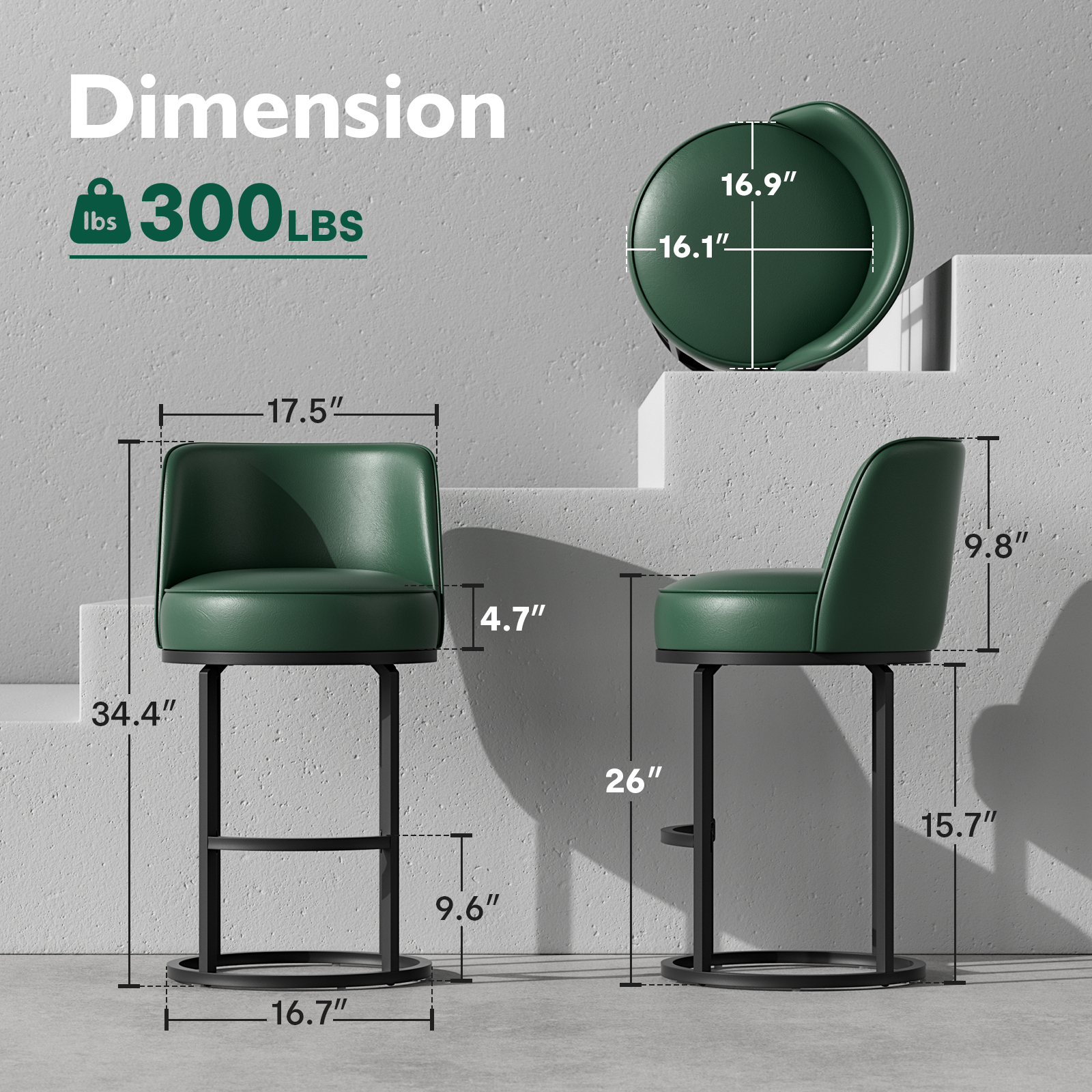 Genpo Bar Stools Set of 2, 26 inch Counter Height Bar Stools, Swivel Green Leather Barstools with Backs, Round Base, Footrest, Metal Legs for Kitchen Island - Image 2