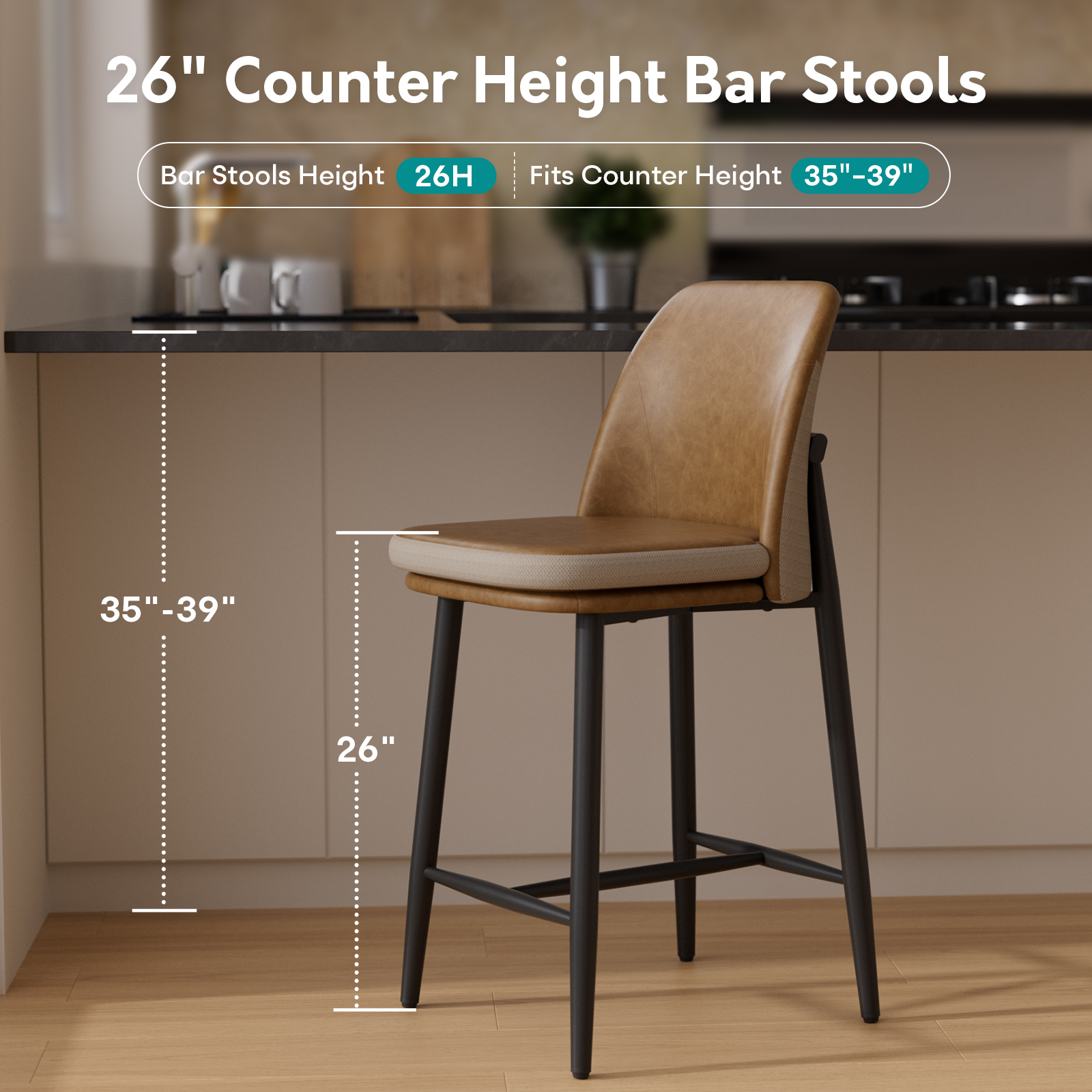 Genpo Bar Stools Set of 2, Upholstered Counter Height Bar Stools, Counter Stools 26 Inch Barstools with Back, Metal Legs and Textured Leather&Fabric for Kitchen Island Dining Room, Brown - Image 3