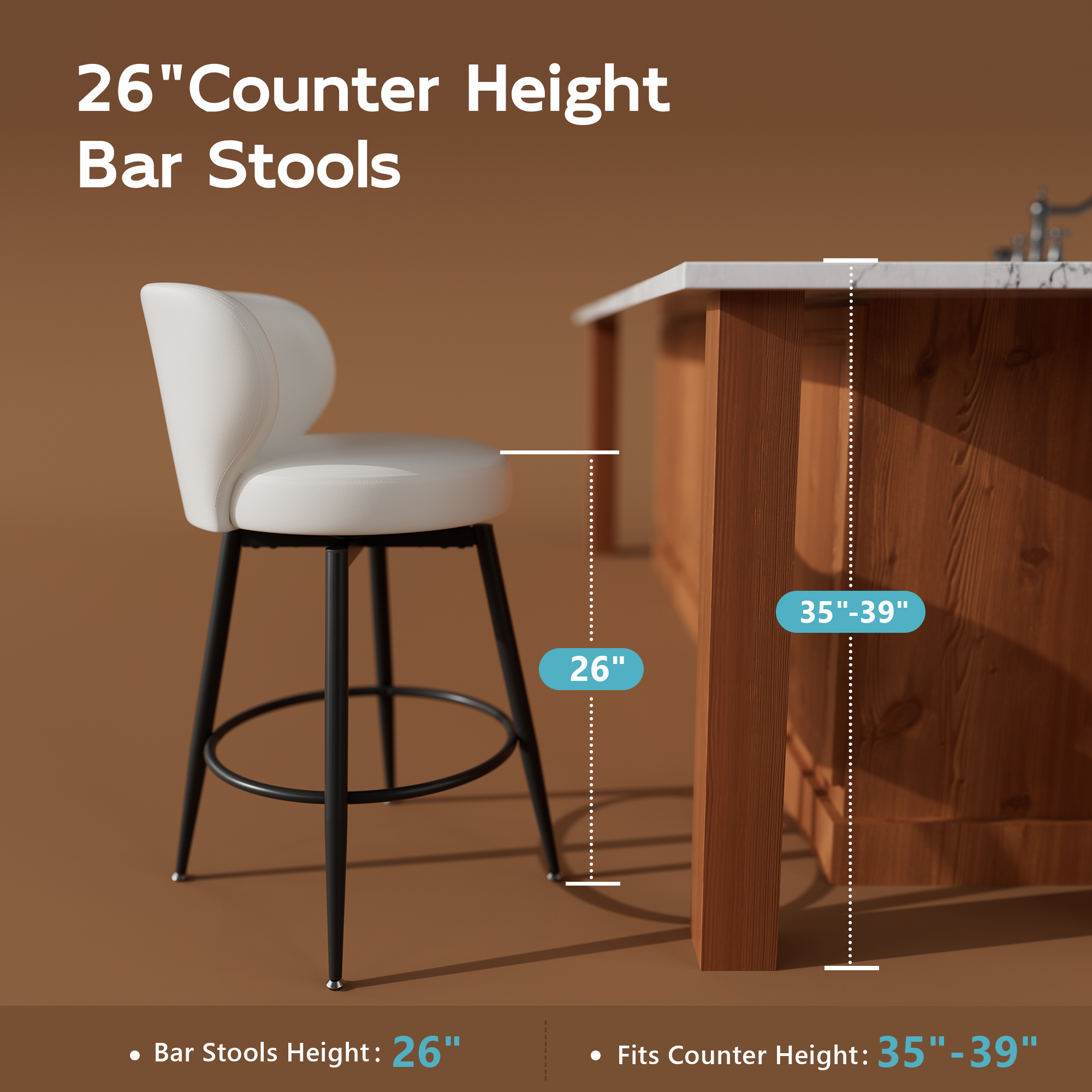Genpo Bar Stools Set of 4, 26 Inch Barstools with Sturdy Legs, White Leather Farmhouse Swivel Counter Height Bar Stool for Kitchen, Dining, Bar - Image 3
