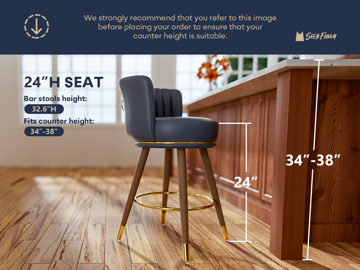 Genpo Swivel Counter Height Bar Stools Set of 2, 24 inch Blue Leather Kitchen Swivel Counter Stools with Backs, Wood Legs and Footrest, Bar Chairs for Kitchen Island - Image 6