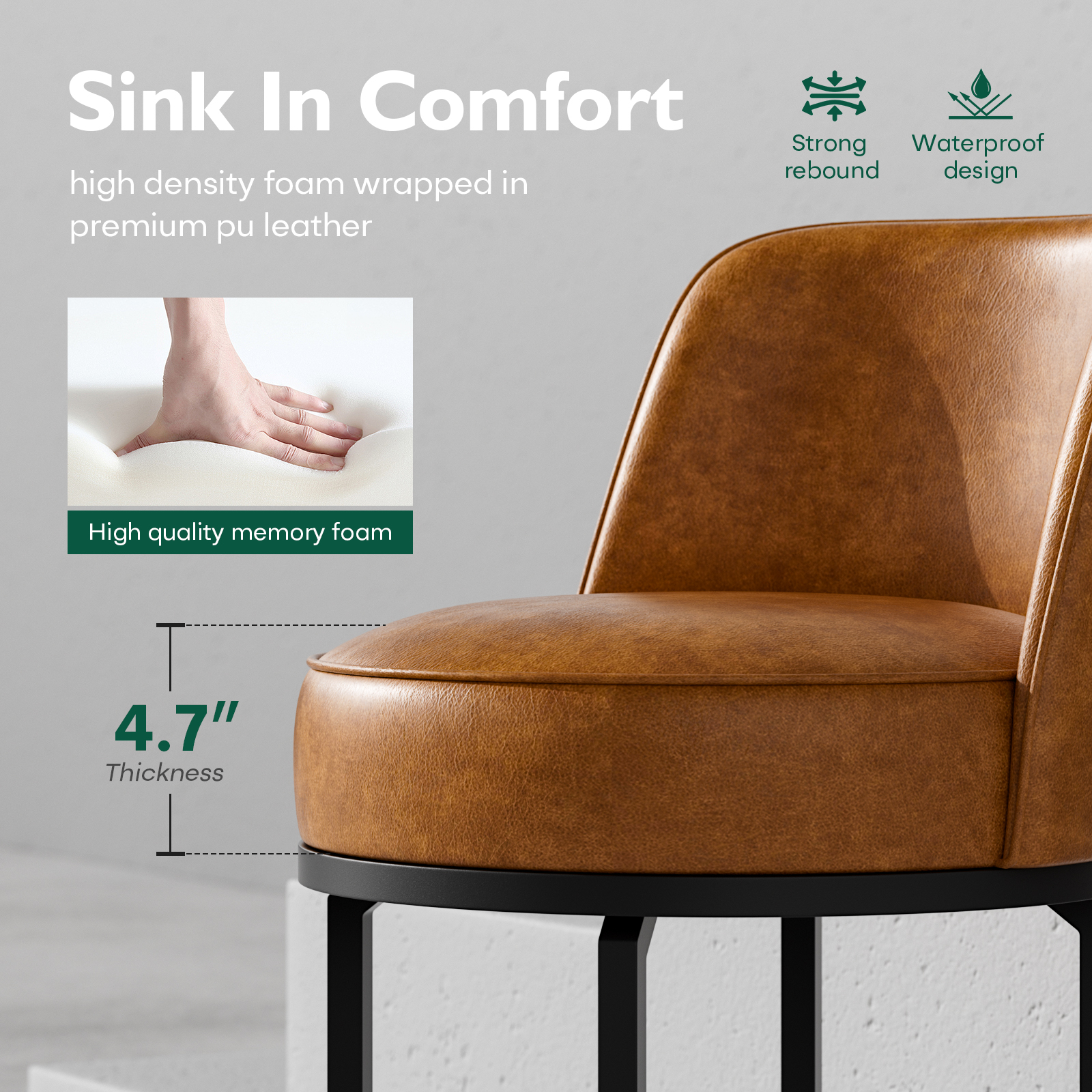 Genpo Bar Stools Set of 2, 26 inch Counter Height Bar Stools, Swivel Brown Leather Barstools with Backs, Round Base, Footrest, Metal Legs for Kitchen Island - Image 4