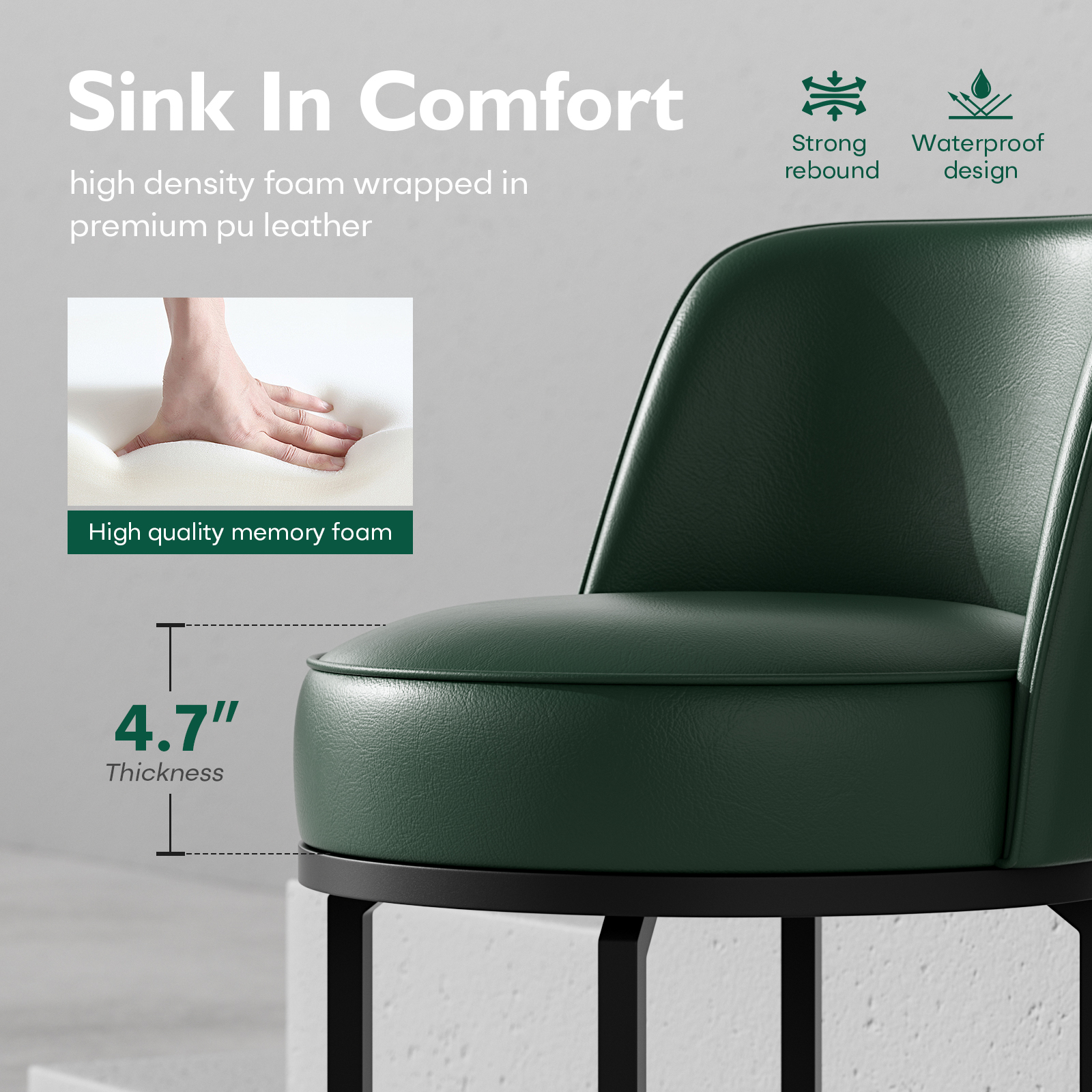Genpo Bar Stools Set of 2, 26 inch Counter Height Bar Stools, Swivel Green Leather Barstools with Backs, Round Base, Footrest, Metal Legs for Kitchen Island - Image 6