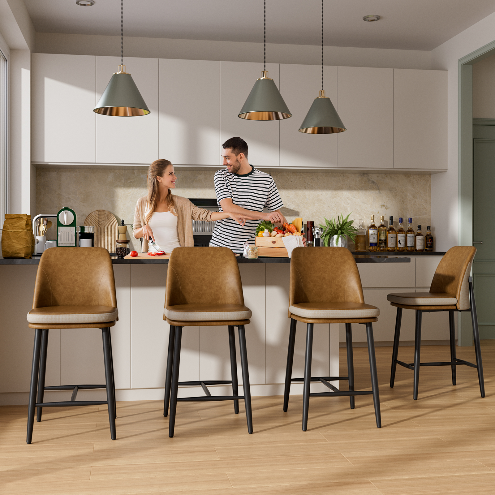Genpo Bar Stools Set of 2, Upholstered Counter Height Bar Stools, Counter Stools 26 Inch Barstools with Back, Metal Legs and Textured Leather&Fabric for Kitchen Island Dining Room, Brown - Image 8
