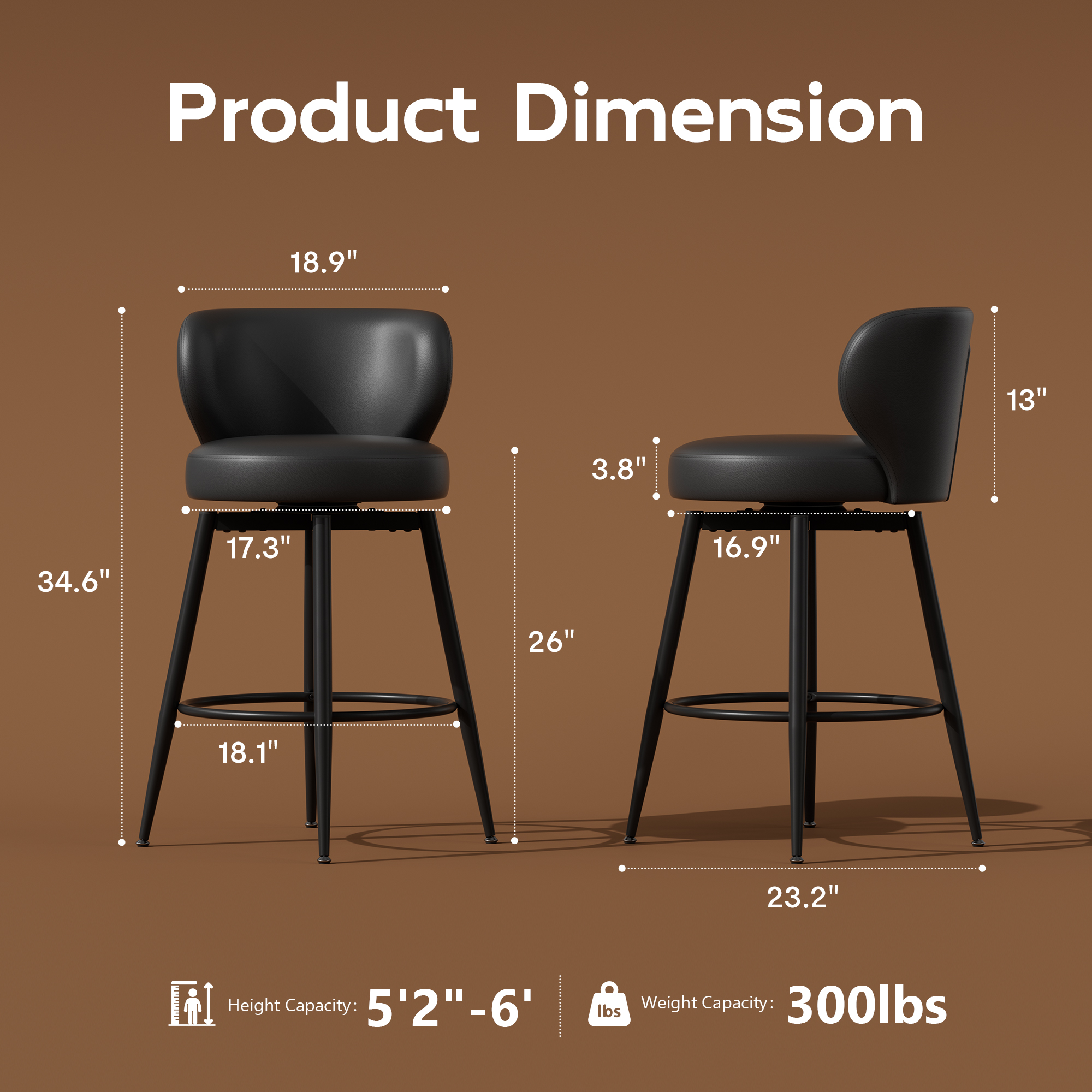 Genpo Bar Stools Set of 2, 26 Inch Barstools with Sturdy Legs, Black Leather Farmhouse Swivel Counter Height Bar Stool for Kitchen, Dining, Bar - Image 2