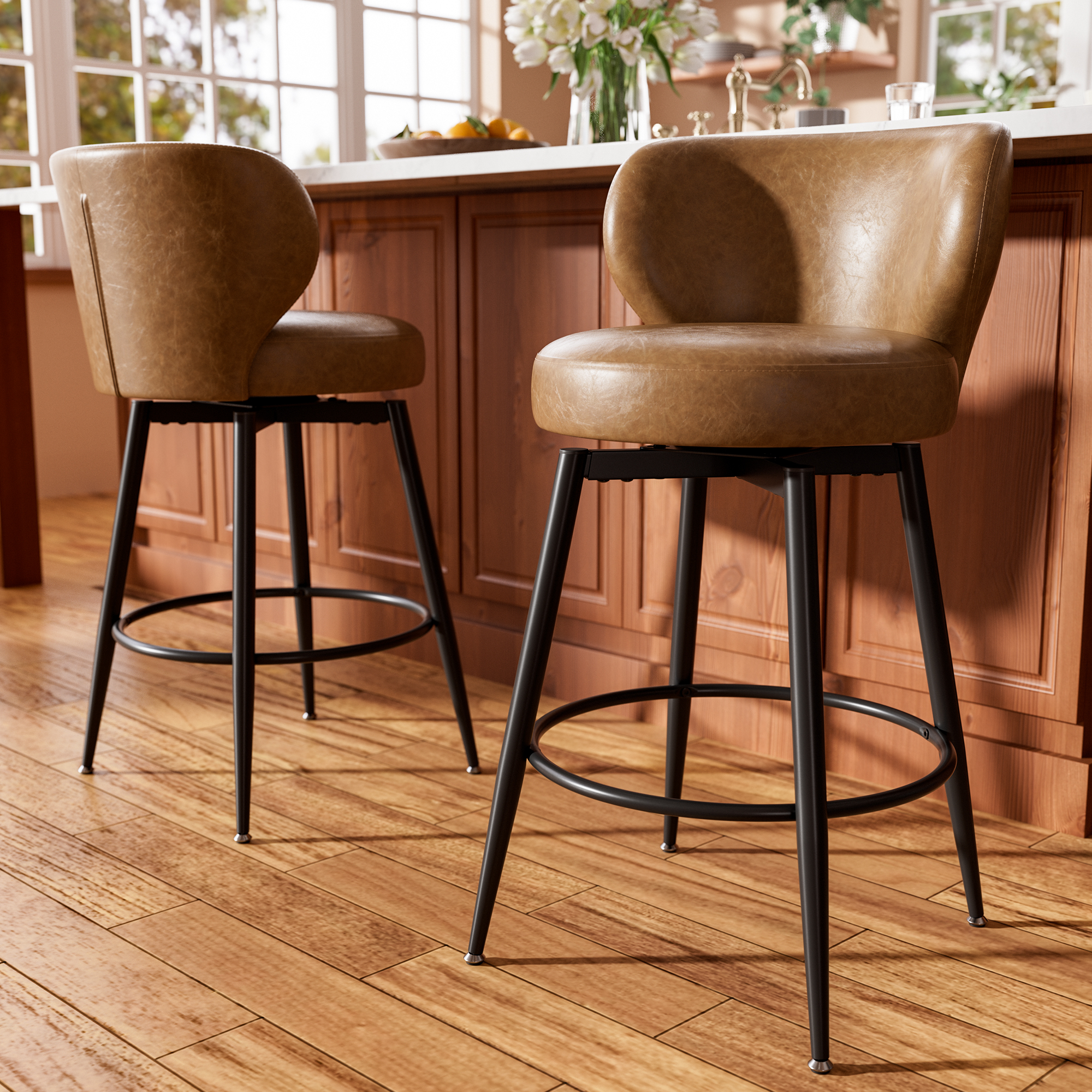Genpo Bar Stools Set of 2, 26 Inch Barstools with Sturdy Legs, Brown Leather Farmhouse Swivel Counter Height Bar Stool for Kitchen, Dining, Bar
