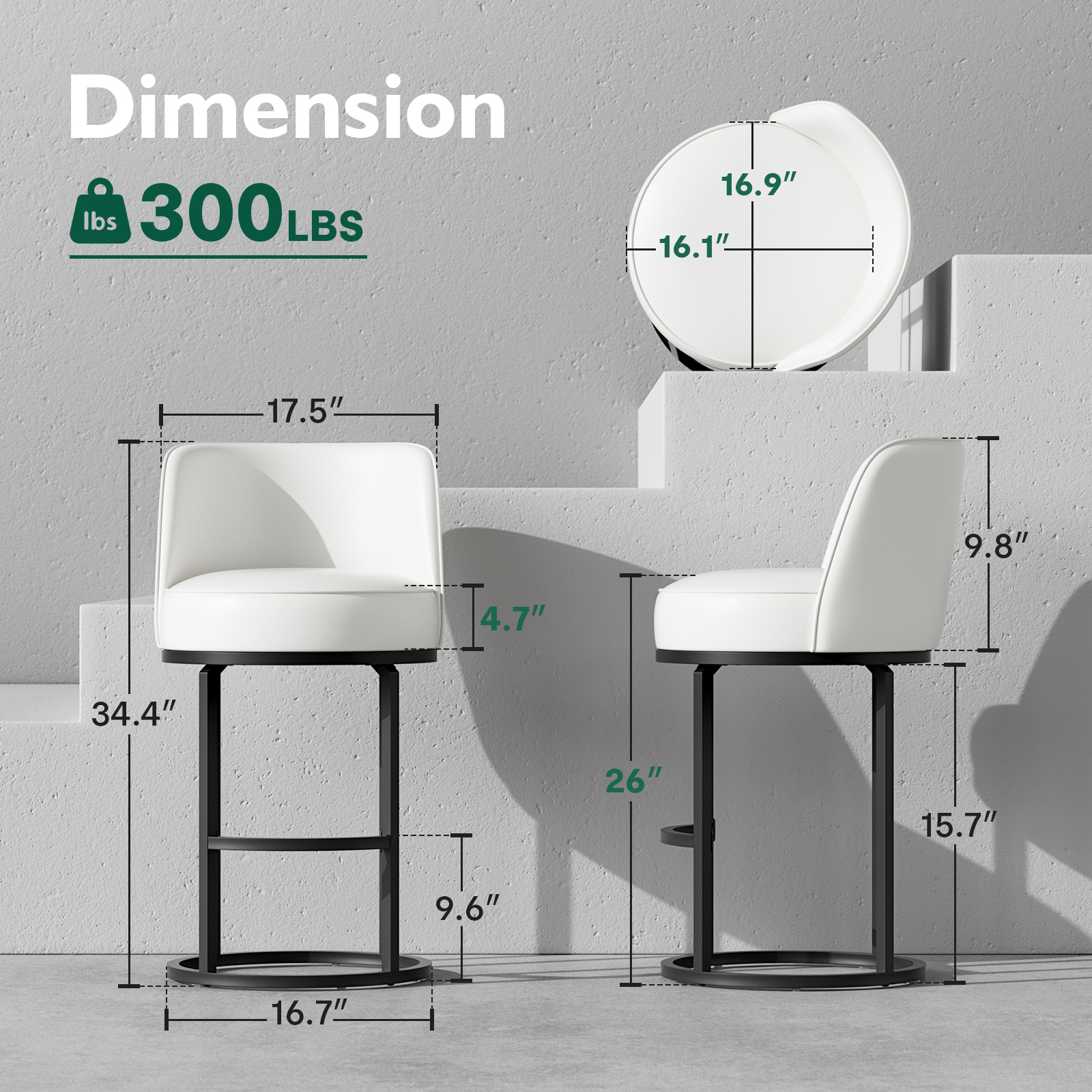 Genpo Bar Stools Set of 6, 26 inch Counter Height Bar Stools, Swivel White Leather Barstools with Backs, Round Base, Footrest, Metal Legs for Kitchen Island - Image 2