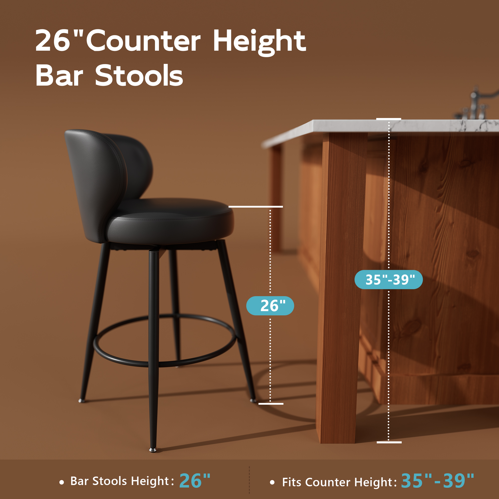 Genpo Bar Stools Set of 2, 26 Inch Barstools with Sturdy Legs, Black Leather Farmhouse Swivel Counter Height Bar Stool for Kitchen, Dining, Bar - Image 3