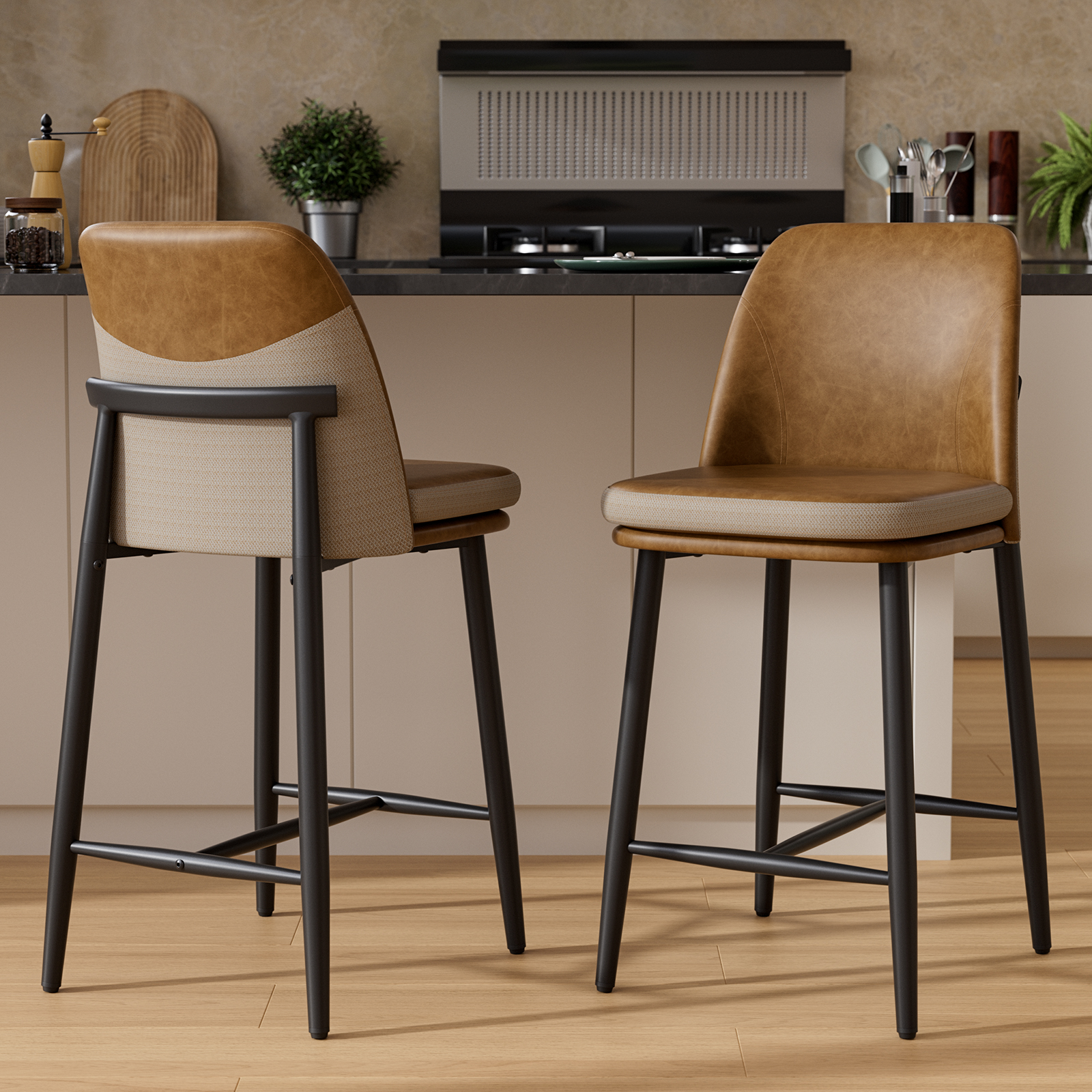 Genpo Bar Stools Set of 2, Upholstered Counter Height Bar Stools, Counter Stools 26 Inch Barstools with Back, Metal Legs and Textured Leather&Fabric for Kitchen Island Dining Room, Brown