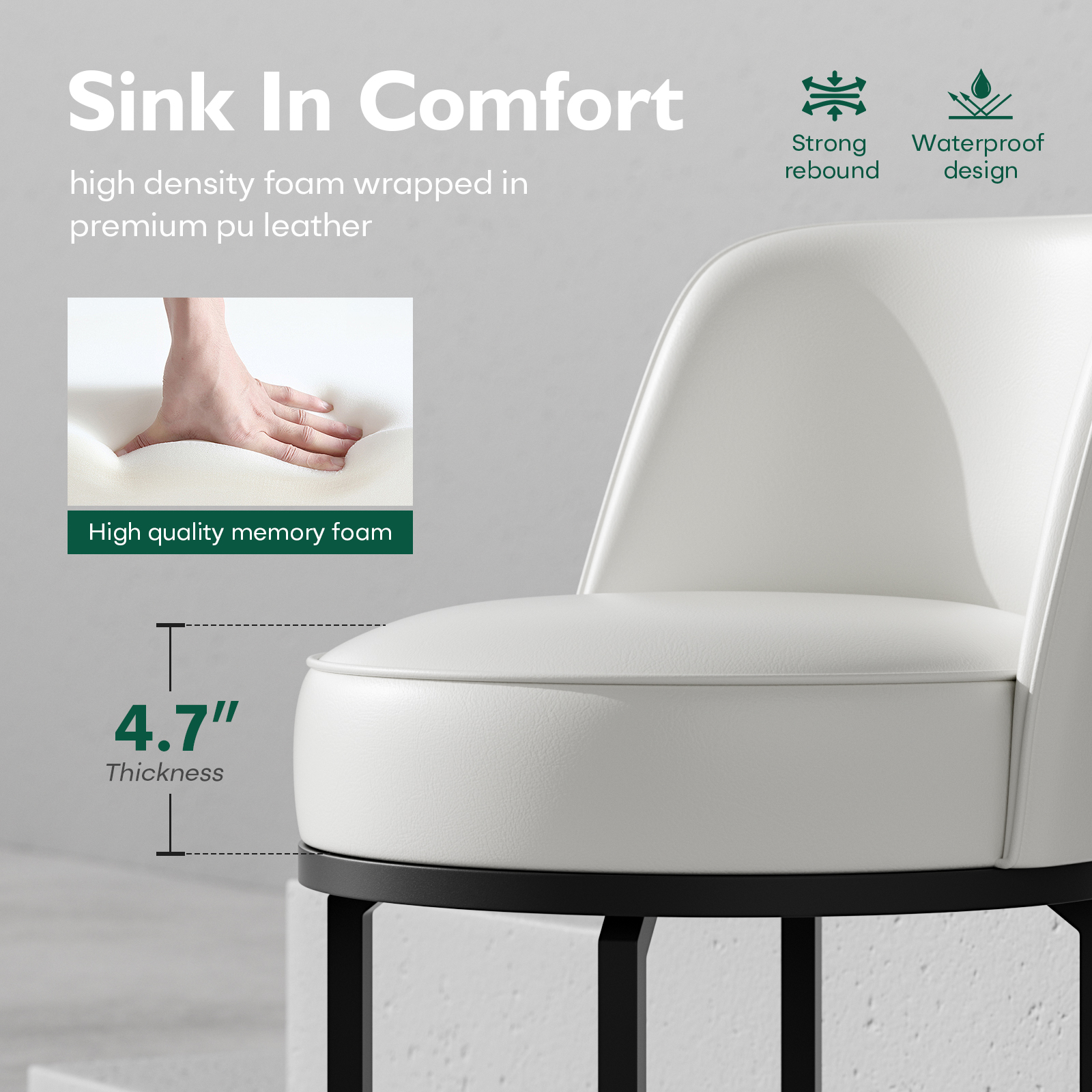 Genpo Bar Stools Set of 6, 26 inch Counter Height Bar Stools, Swivel White Leather Barstools with Backs, Round Base, Footrest, Metal Legs for Kitchen Island - Image 3