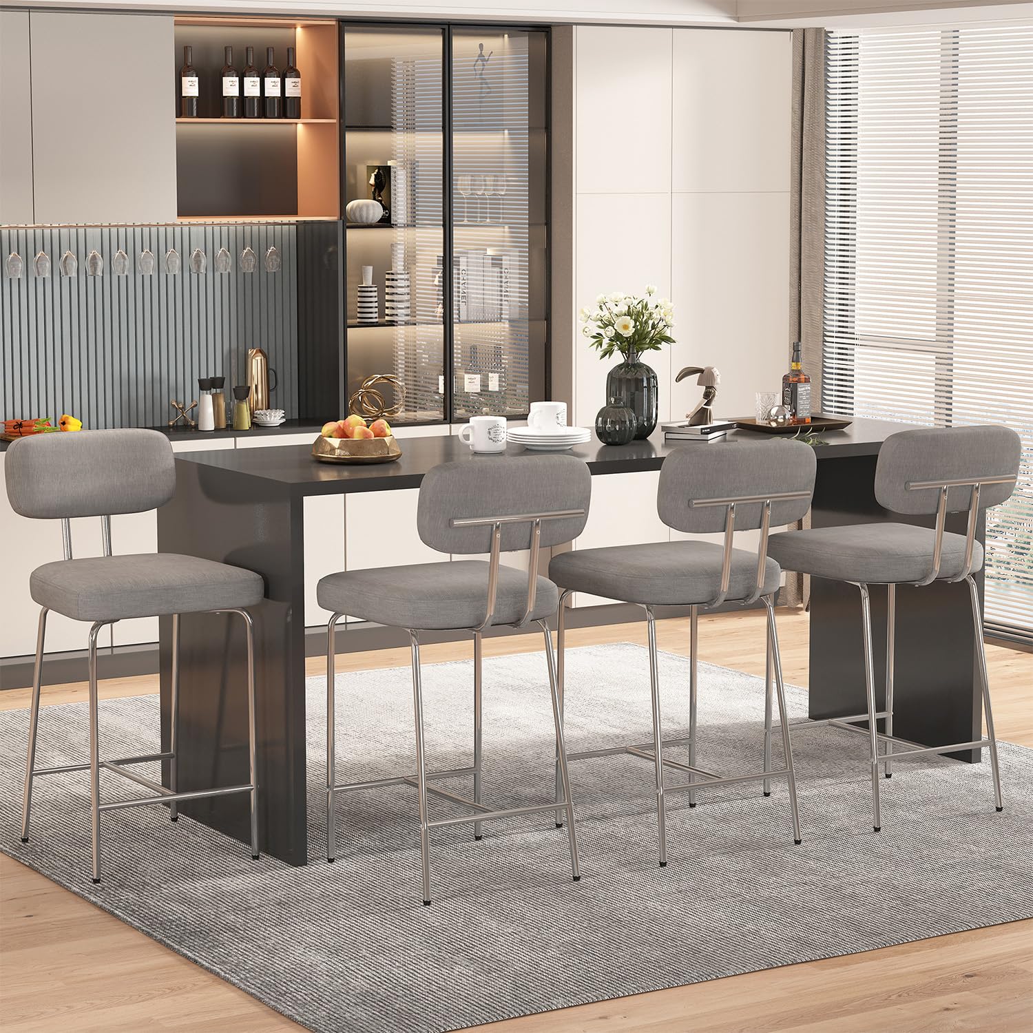 Genpo Counter Height Bar Stools Set of 4, 26" Gray Fabric Kitchen Counter Stools with Backs, Metal Legs, Footrest and Wide Seat, Bar Chairs for Kitchen Island