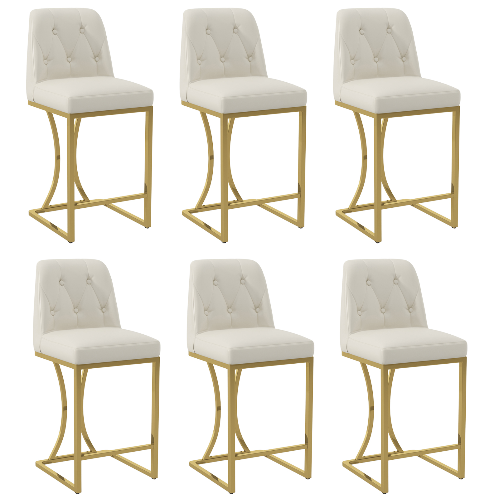 Genpo Bar Stools Set of 6, 24" Kitchen Counter Height Bar Stools with Back Golden Metal Legs and Footrest, White Leather Barstools for Kitchen Island