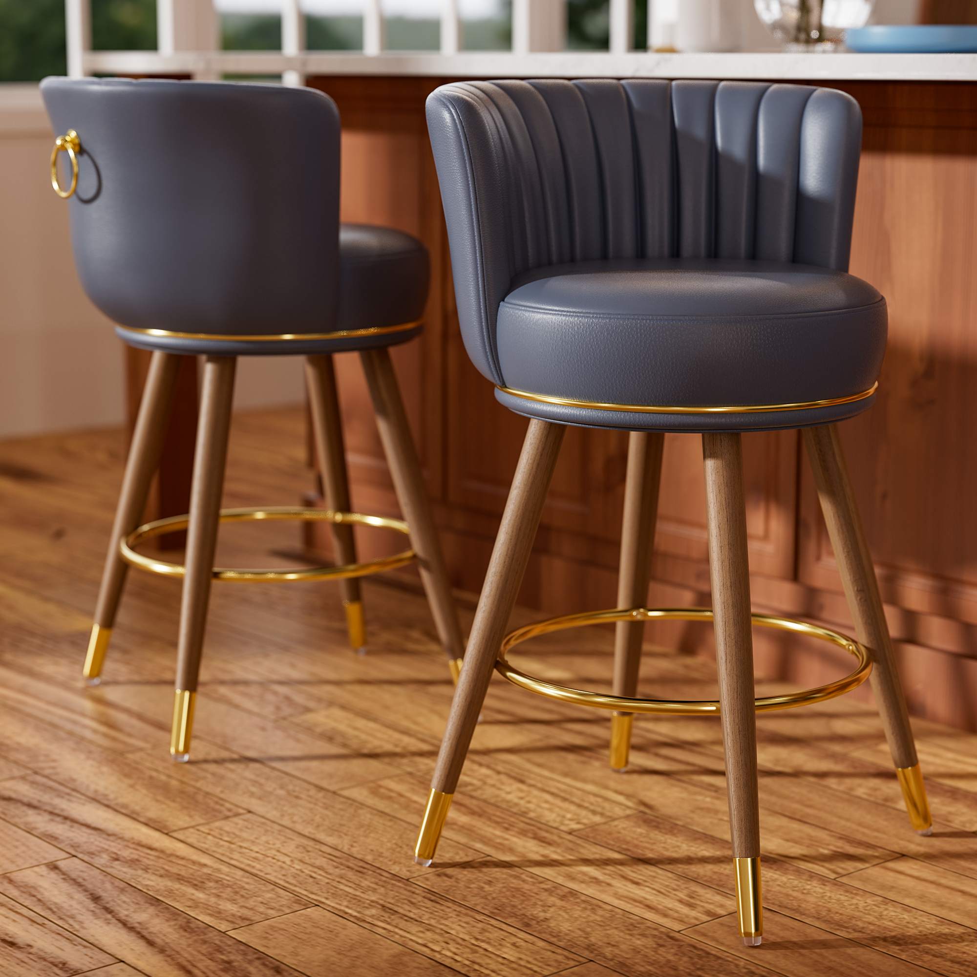 Genpo Swivel Counter Height Bar Stools Set of 2, 24 inch Blue Leather Kitchen Swivel Counter Stools with Backs, Wood Legs and Footrest, Bar Chairs for Kitchen Island