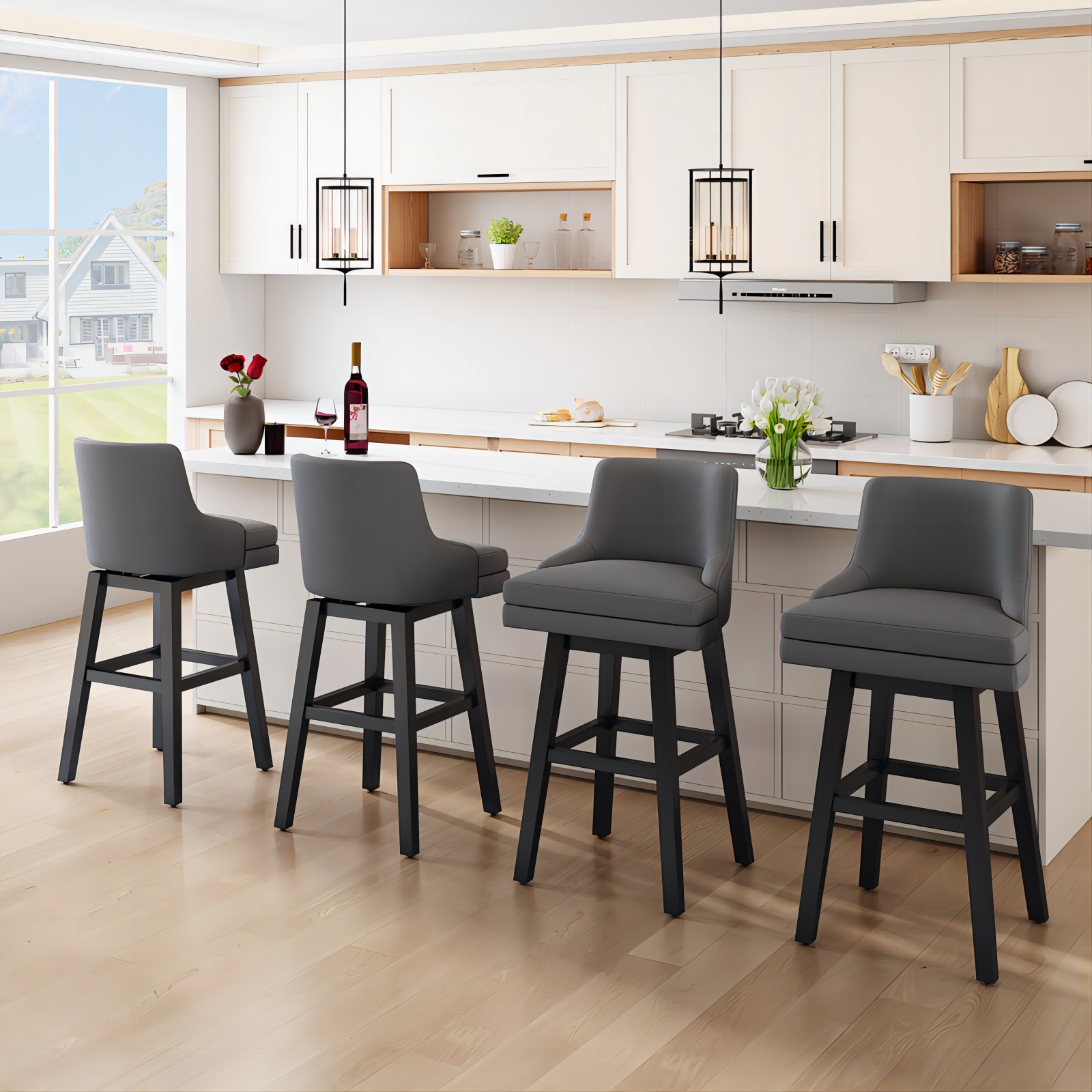 Genpo Bar Stools Set of 4, 26" H Upholstered Barstools with Backs, Swivel Modern Counter Height Bar Stool Chairs for Kitchen Island, Wood Legs, Gray Fabric Counter Stools
