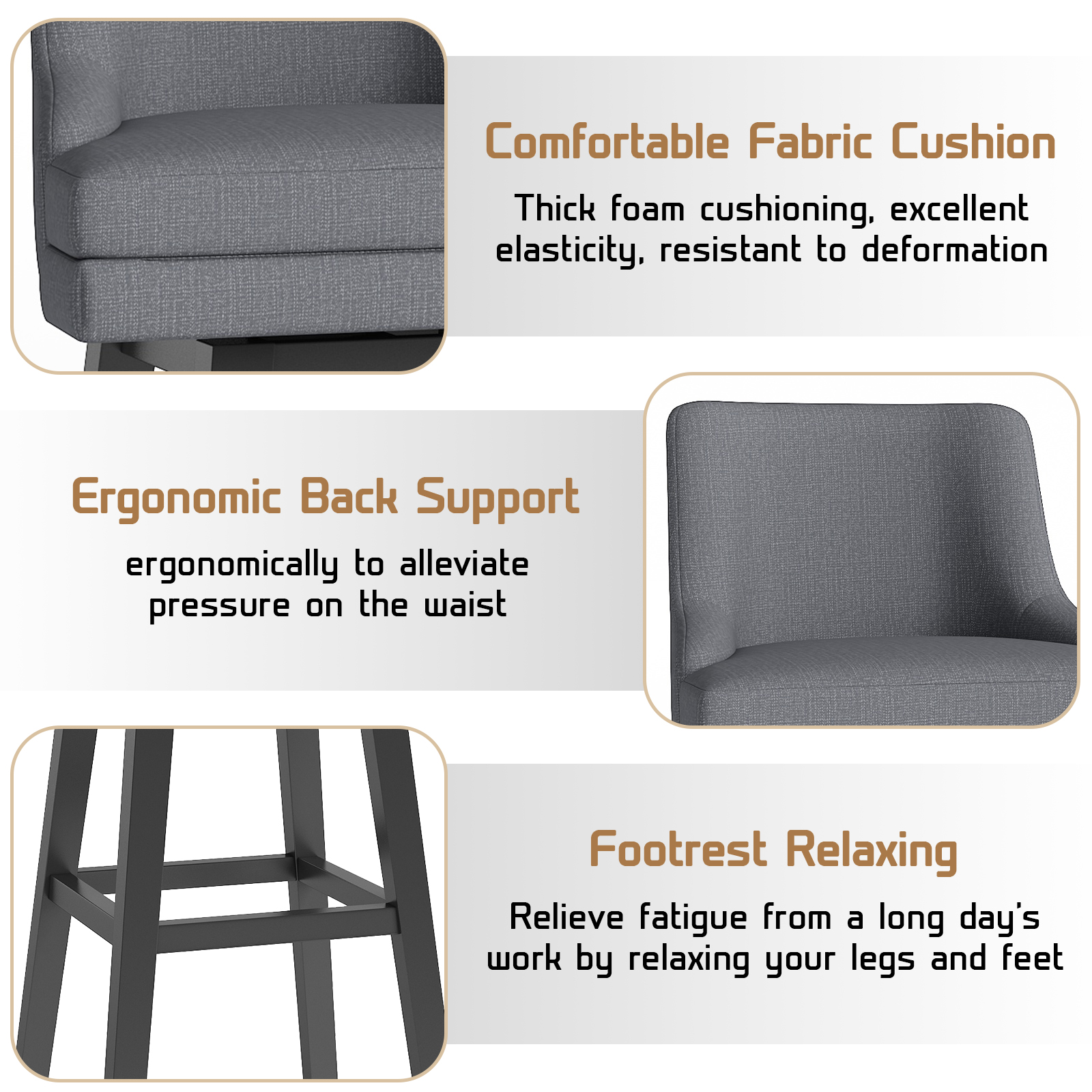 Genpo Bar Stools Set of 2, 26" H Upholstered Barstools with Backs, Swivel Modern Counter Height Bar Stool Chairs for Kitchen Island, Wood Legs, Gray Fabric Counter Stools - Image 6