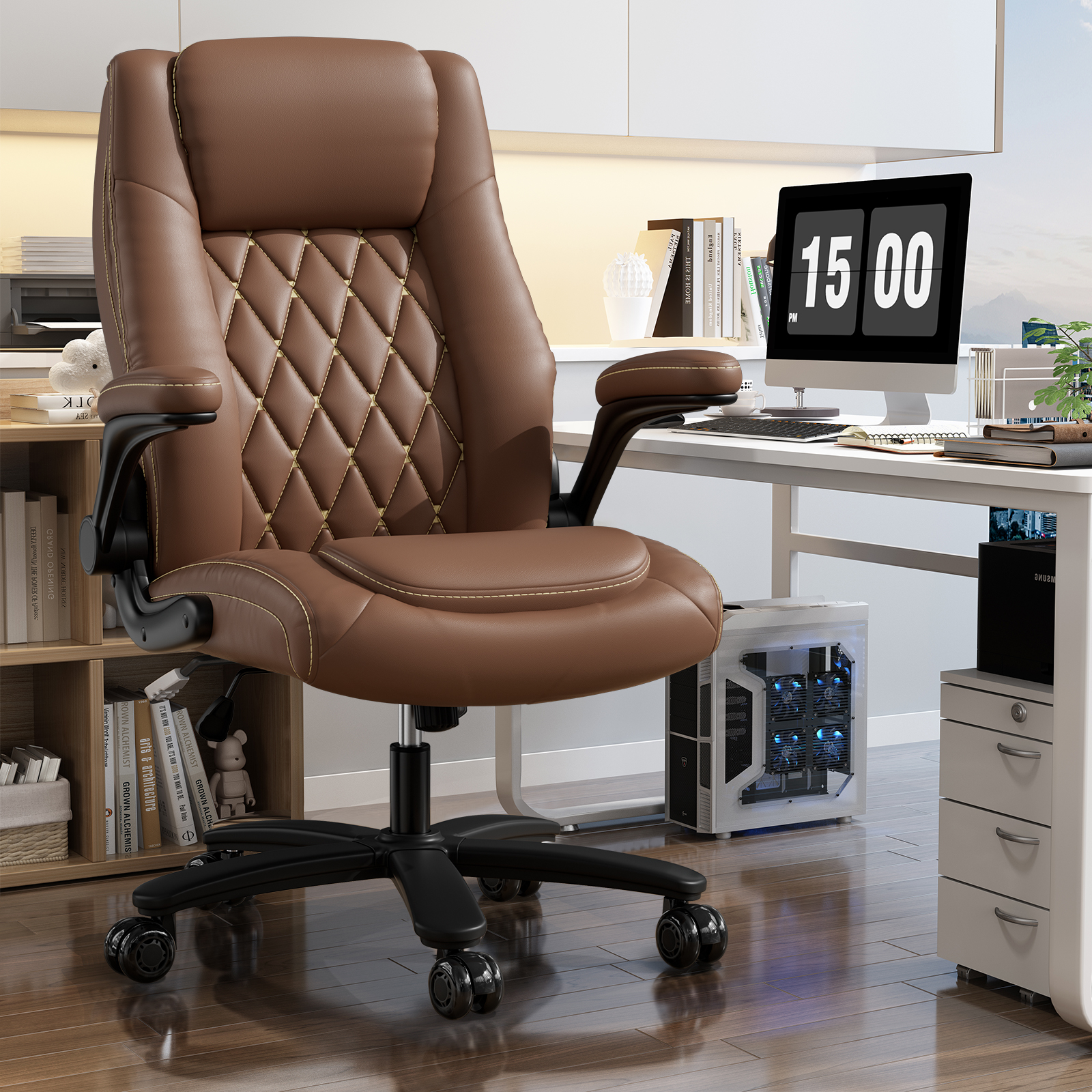 Genpo Big and Tall Office Chair 400LBS, High Back Brown Leather Executive Office Chair, Computer Desk Chair with Adjustable Flip-up Arms, Wheels and Lumbar Support