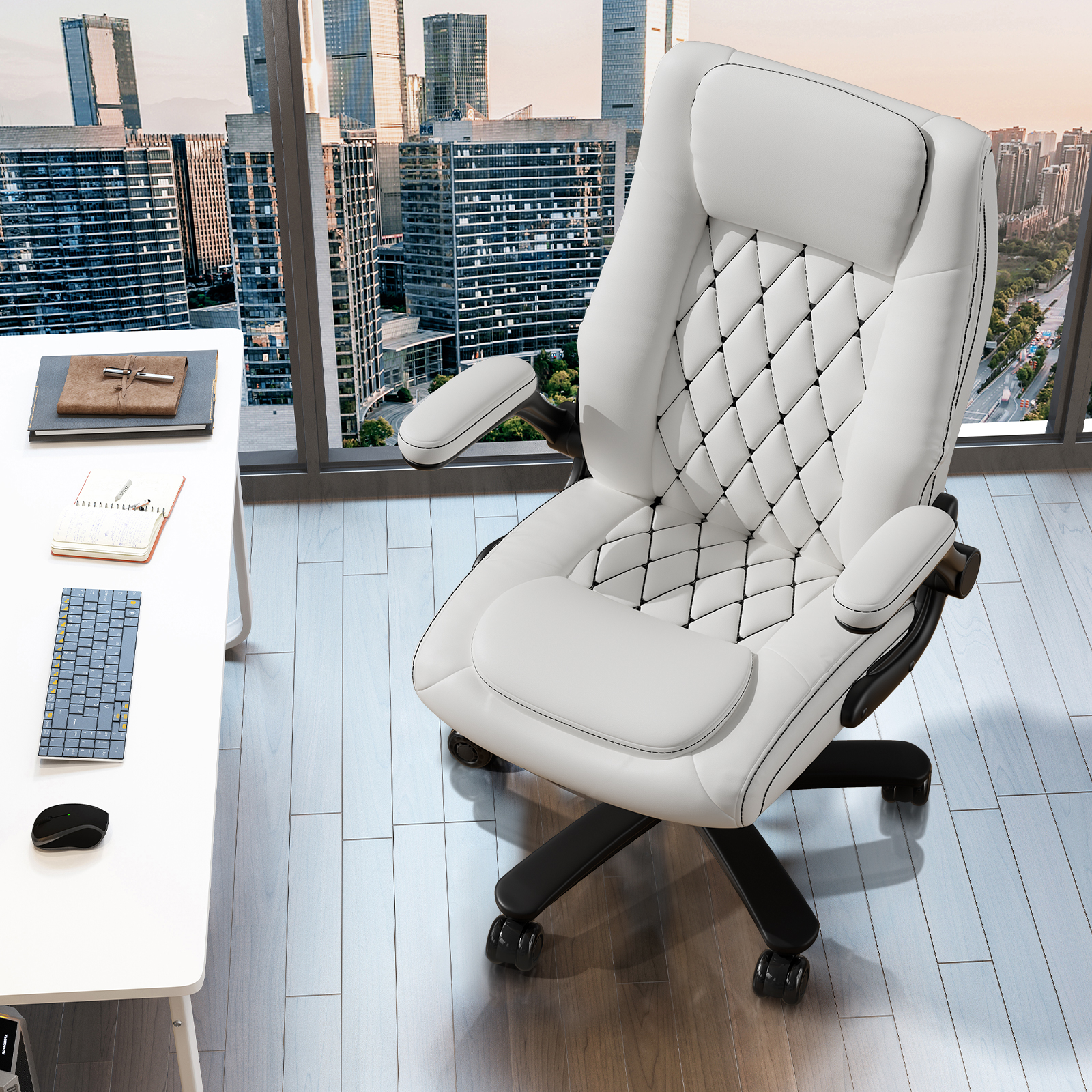 Genpo Big and Tall Office Chair 400LBS, High Back White Leather Executive Office Chair, Computer Desk Chairs with Adjustable Flip-up Arms, Wheels and Lumbar Support - Image 7