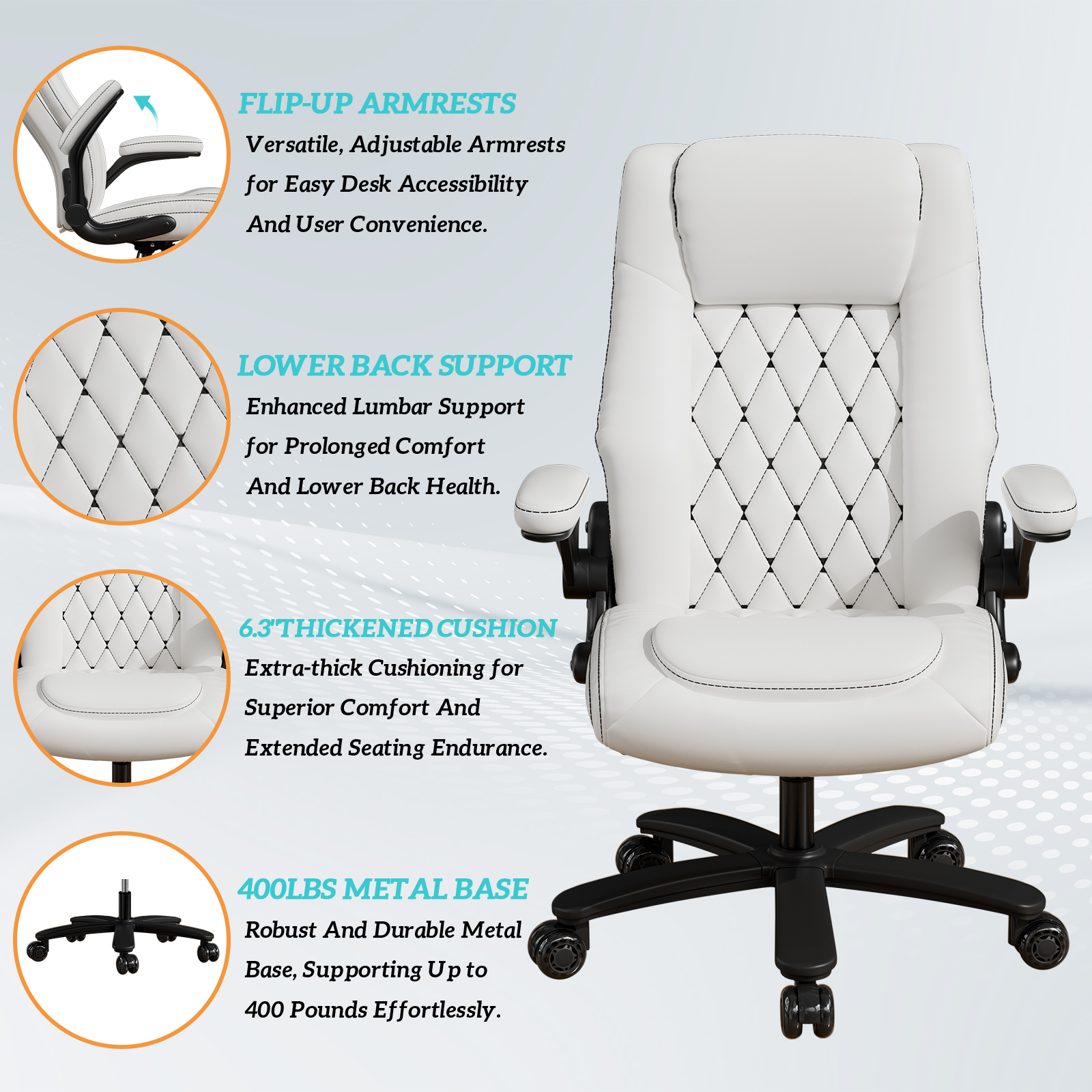 Genpo Big and Tall Office Chair 400LBS, High Back White Leather Executive Office Chair, Computer Desk Chairs with Adjustable Flip-up Arms, Wheels and Lumbar Support - Image 5