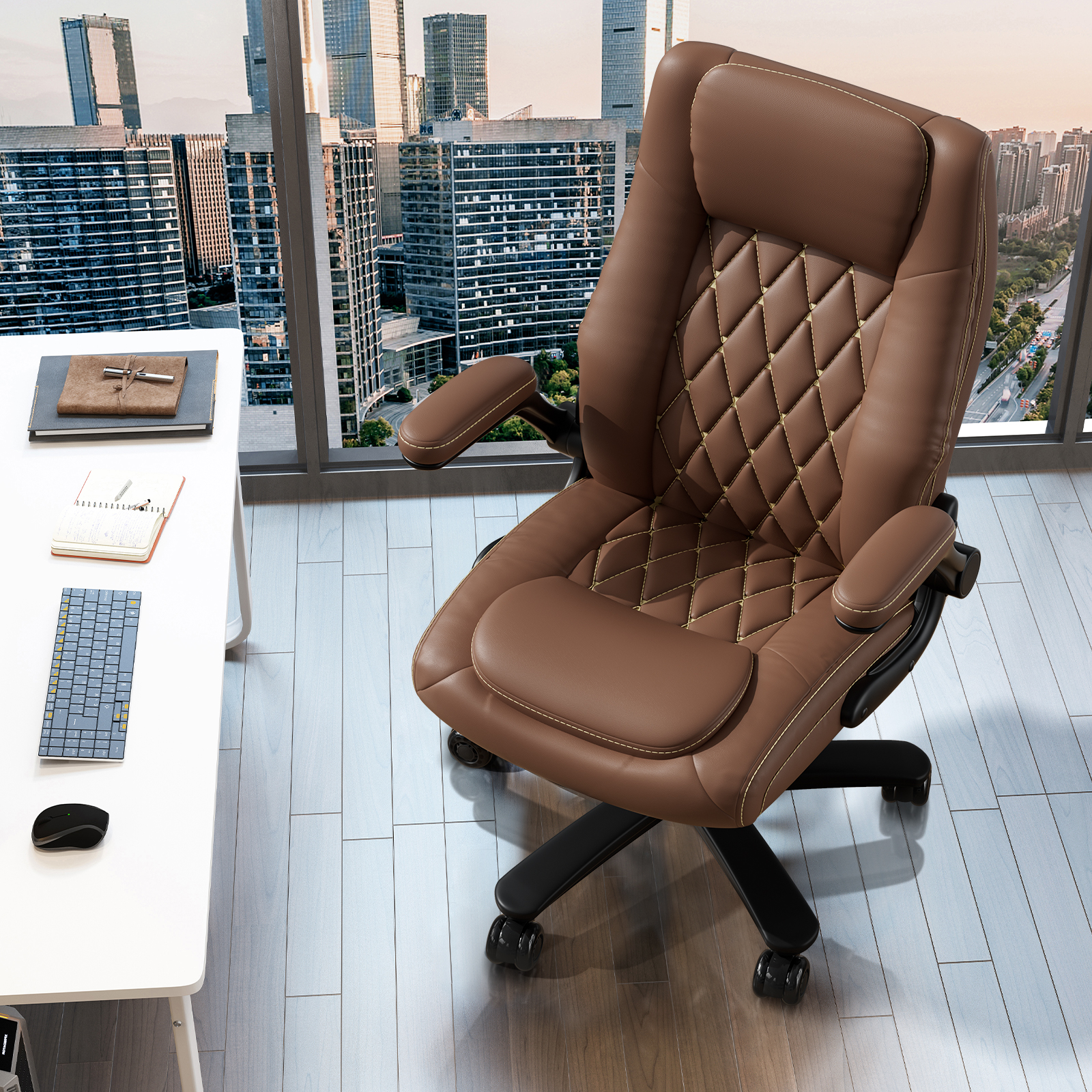 Genpo Big and Tall Office Chair 400LBS, High Back Brown Leather Executive Office Chair, Computer Desk Chair with Adjustable Flip-up Arms, Wheels and Lumbar Support - Image 8