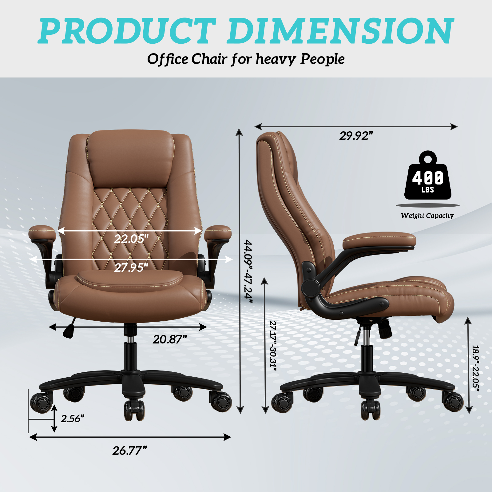 Genpo Big and Tall Office Chair 400LBS, High Back Brown Leather Executive Office Chair, Computer Desk Chair with Adjustable Flip-up Arms, Wheels and Lumbar Support - Image 2