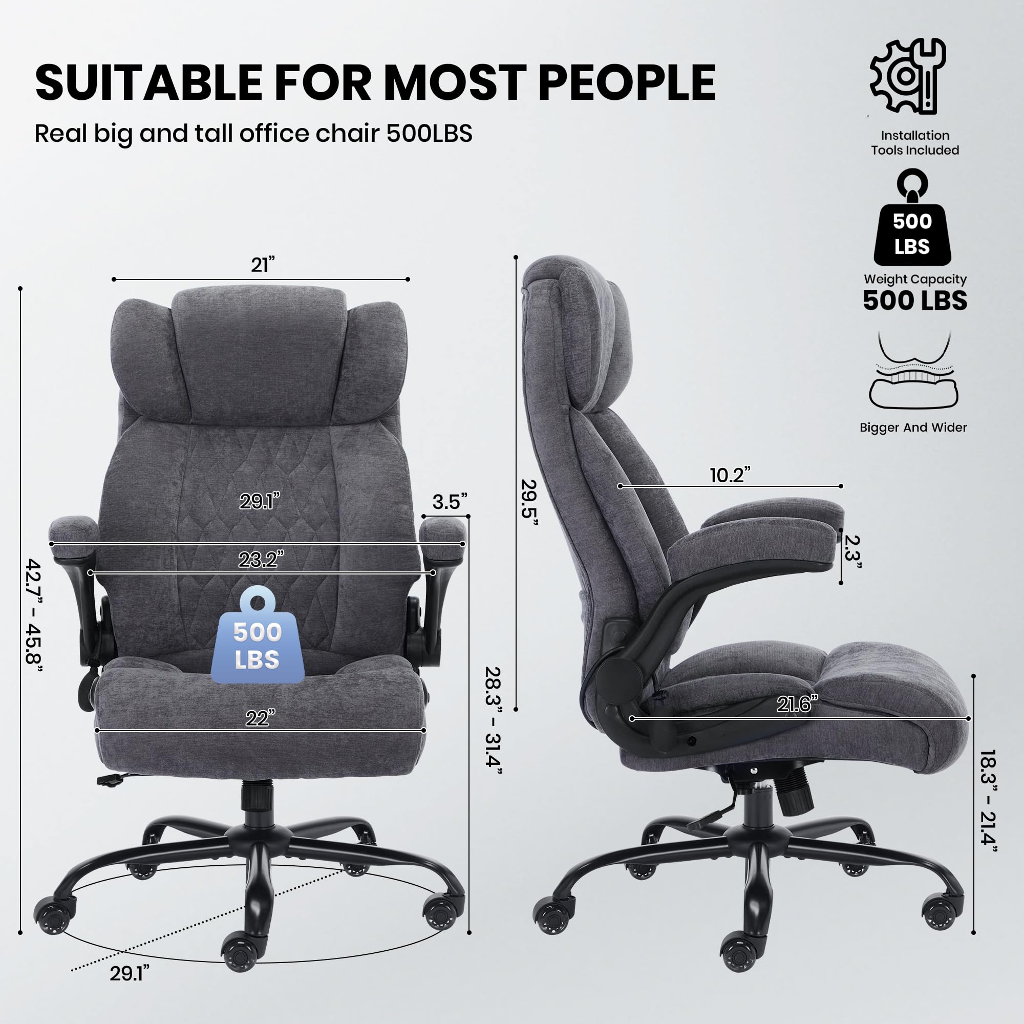 Genpo Big and Tall Office Chair 500LBS with Adjustable Lumbar Support and Padded Flip-up Arms, Gray Fabric Ergonomic Executive Computer Desk Chair with Rubber Wheels and Wide Seat for Adults Teens - Image 2
