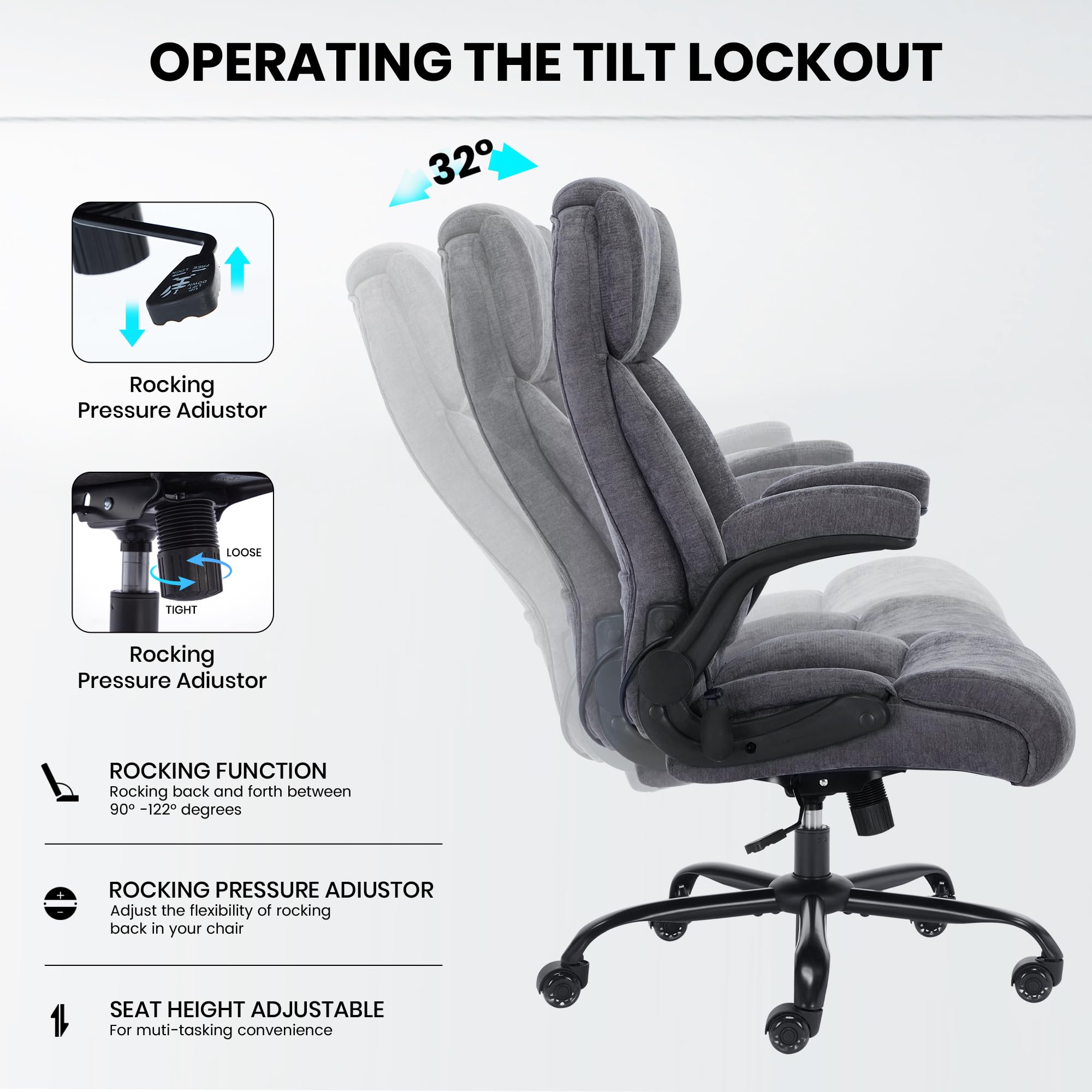 Genpo Big and Tall Office Chair 500LBS with Adjustable Lumbar Support and Padded Flip-up Arms, Gray Fabric Ergonomic Executive Computer Desk Chair with Rubber Wheels and Wide Seat for Adults Teens - Image 3