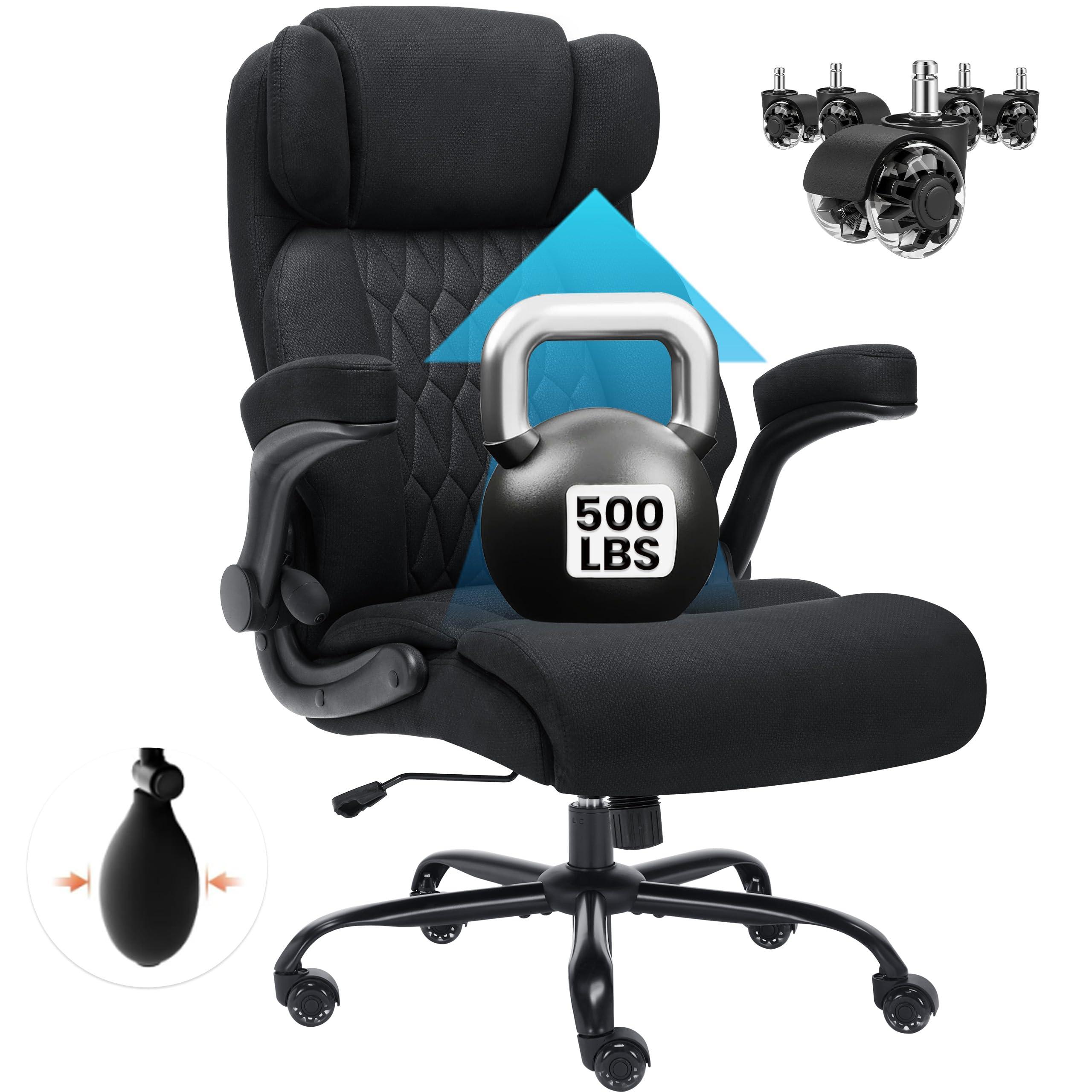 Genpo Big and Tall Office Chair 500LBS with Adjustable Lumbar Support and Paddded Flip-up Arms, Black Fabric Executive Computer Desk Chair with Rubber Wheels and Wide Seat for Adults Teens