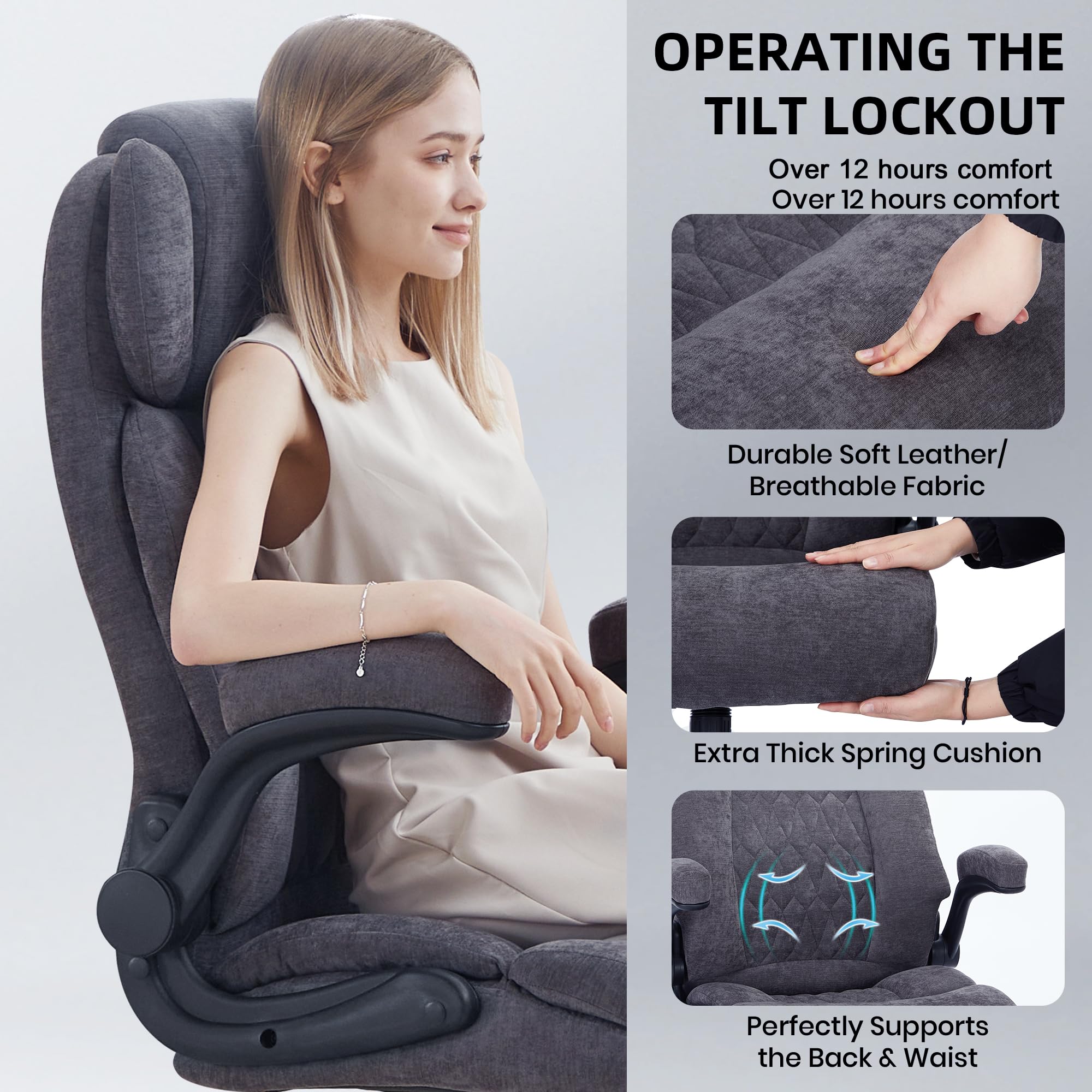 Genpo Big and Tall Office Chair 500LBS with Adjustable Lumbar Support and Padded Flip-up Arms, Gray Fabric Ergonomic Executive Computer Desk Chair with Rubber Wheels and Wide Seat for Adults Teens - Image 5